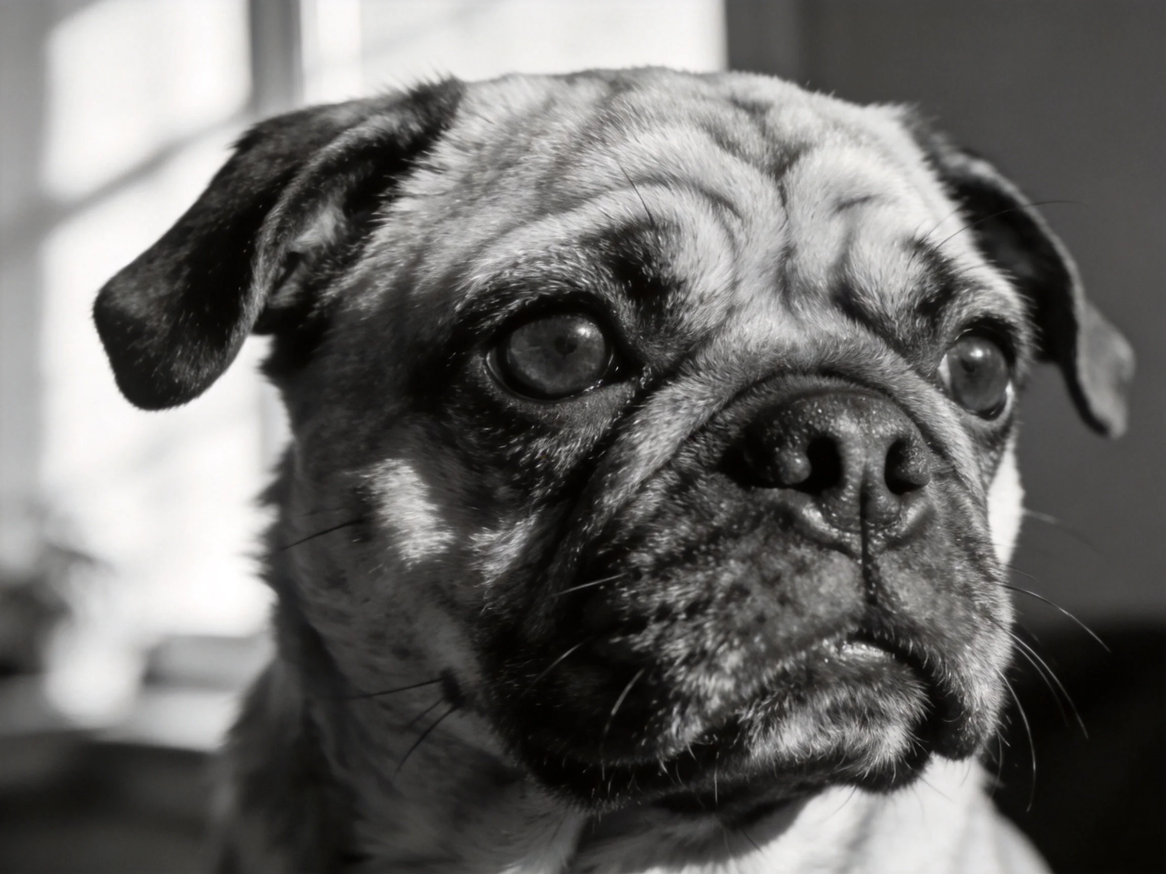 A close-up of a pug dog with wrinkled face in monochrome