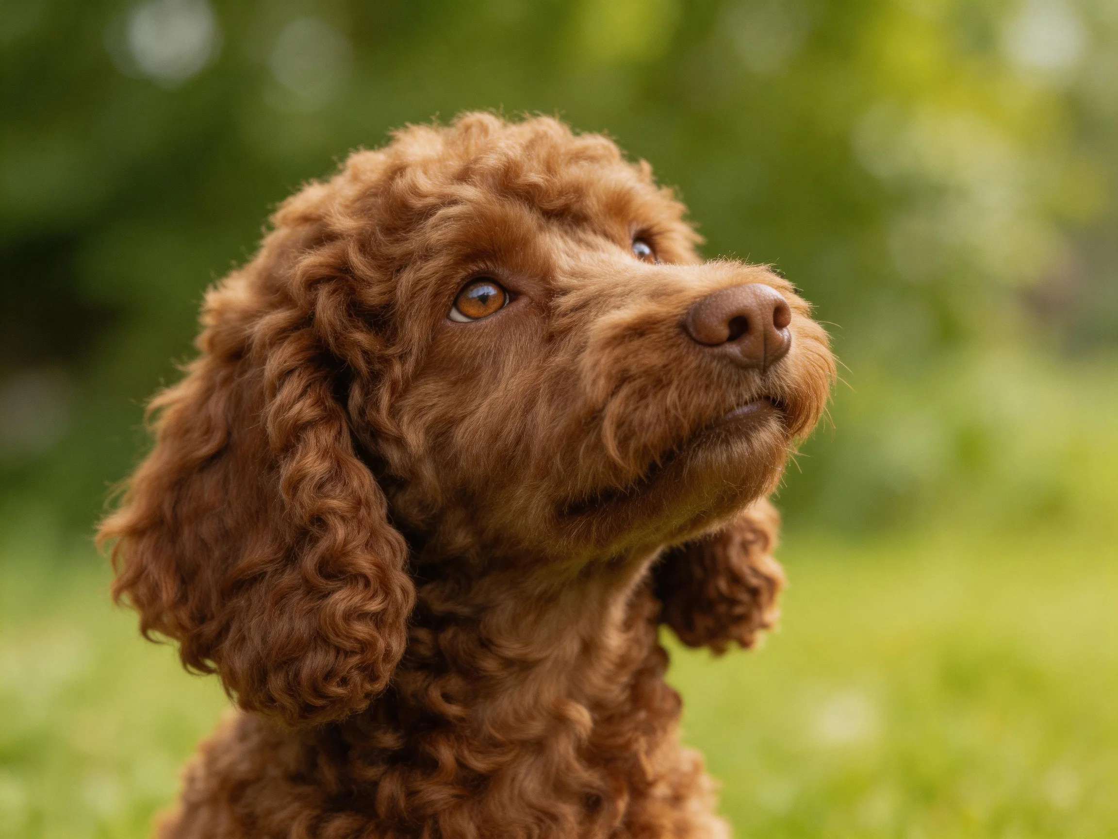 A reddish-brown curly-coated dog gazes upward in a lush green outdoor setting.
