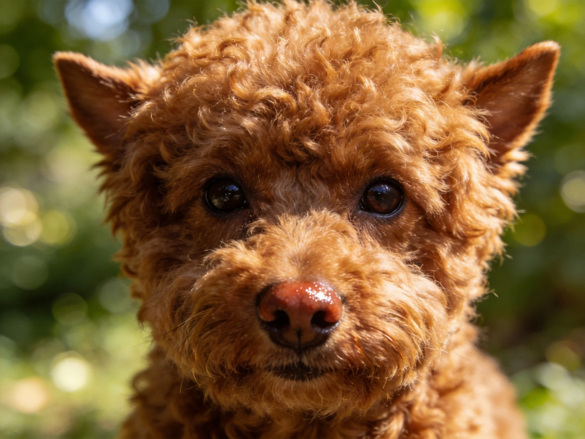 A reddish-brown curly-haired dog looks directly at the camera amid a blurred natural background.
