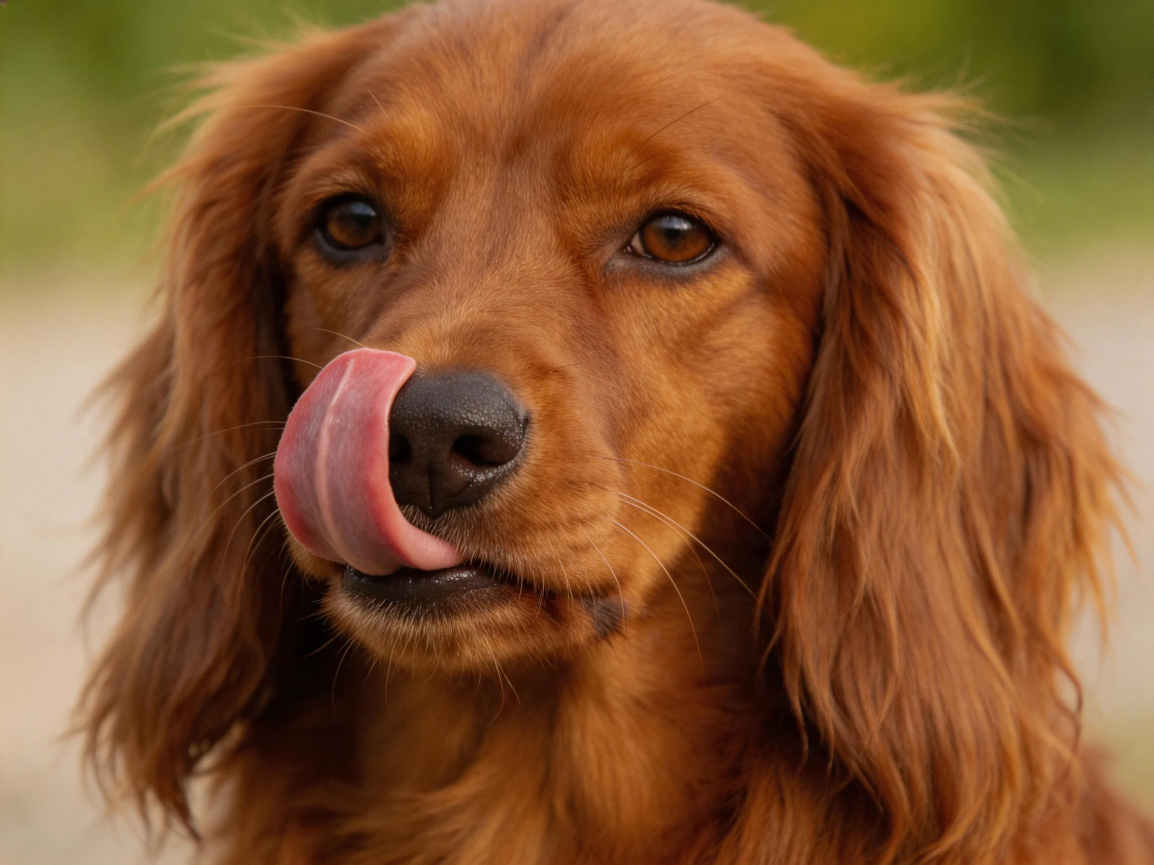 A reddish-brown dog licks its tongue in an outdoor setting