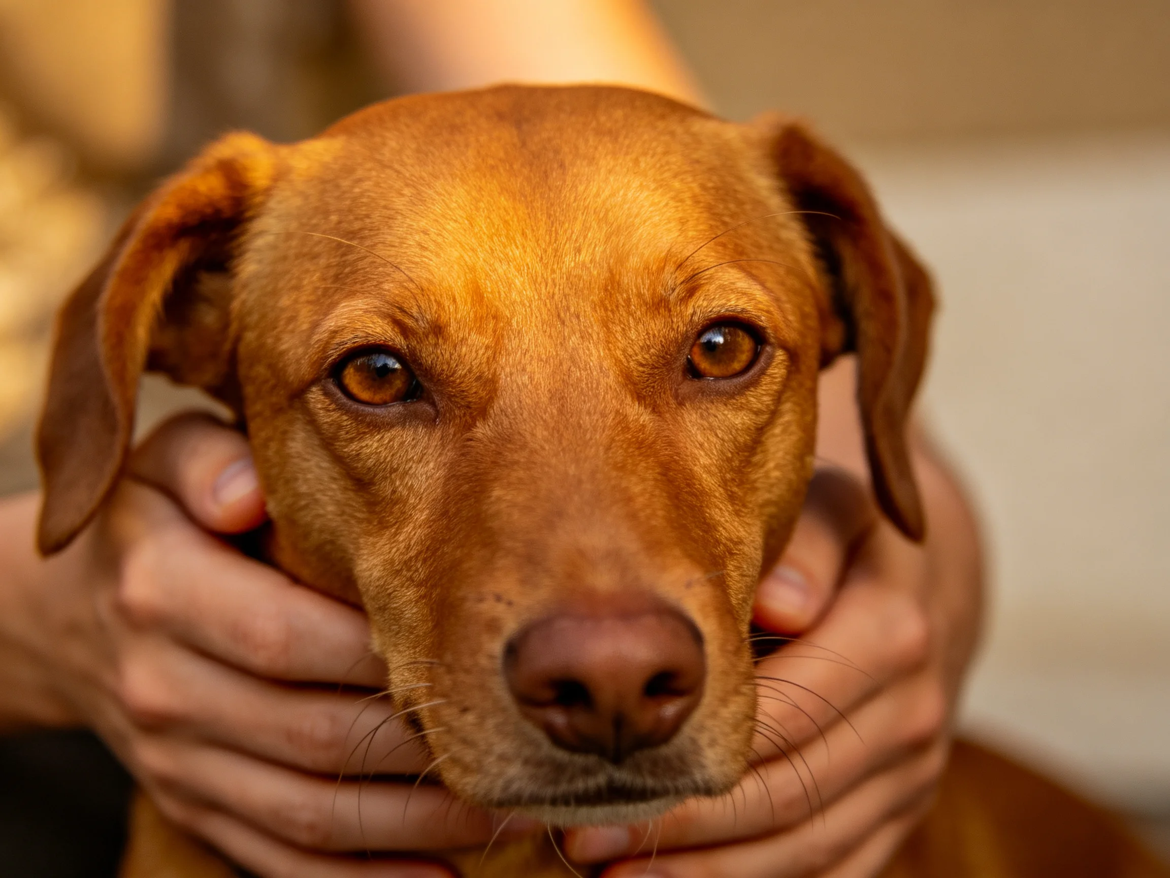 Hands gently hold a reddish-brown dog in a close-up photograph.