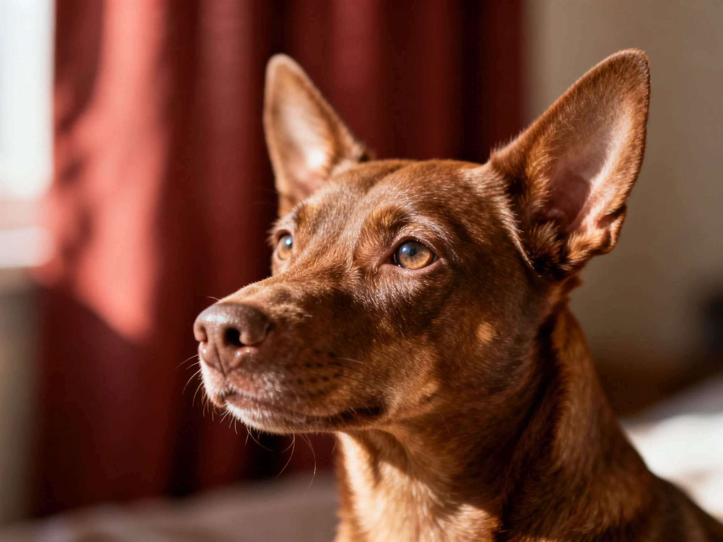 A reddish-brown dog looks attentively near maroon curtains indoors.