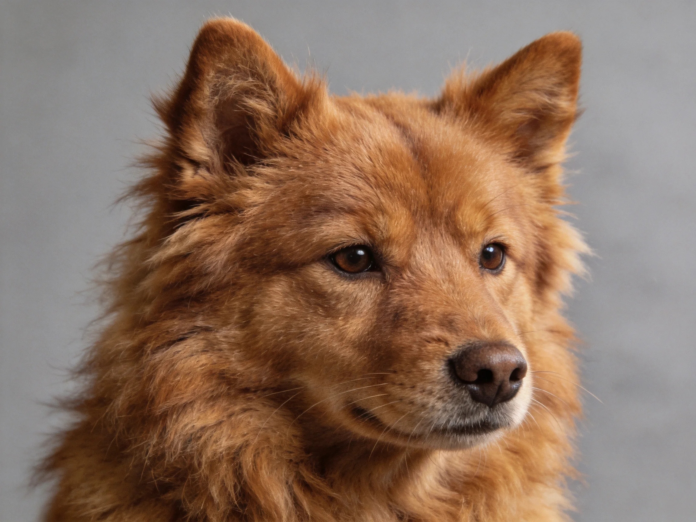 A reddish-brown fluffy dog gazes calmly against a plain gray background