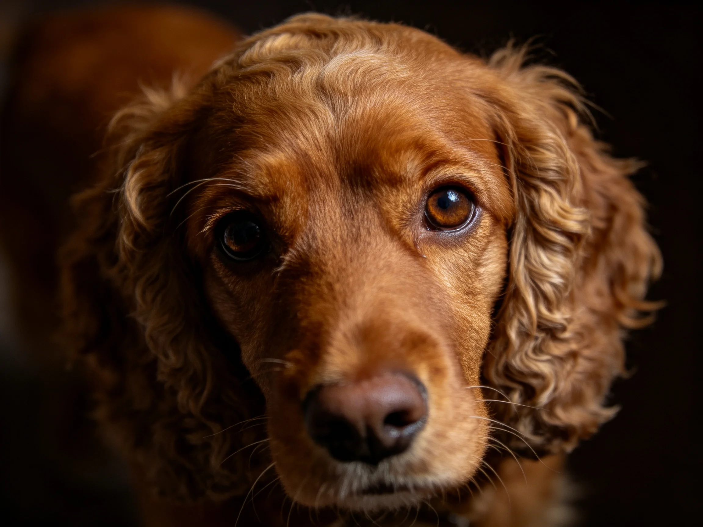 A close-up of a reddish-brown spaniel with curly fur and expressive eyes