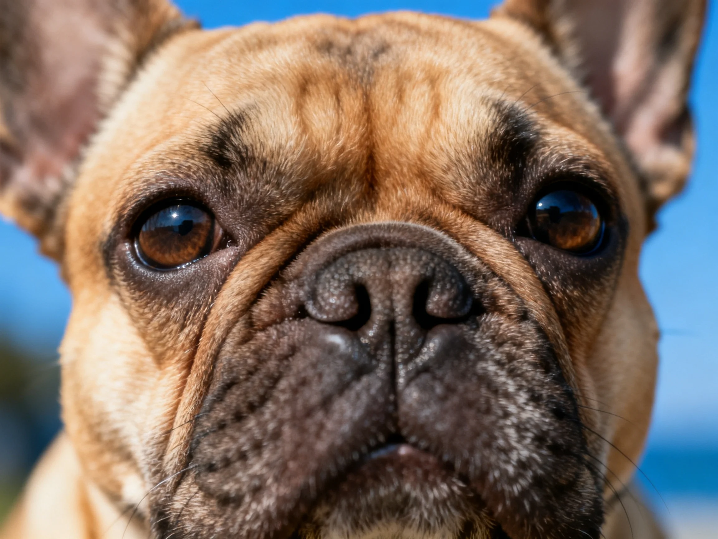 A close-up shows a tan French bulldog with large, dark eyes.