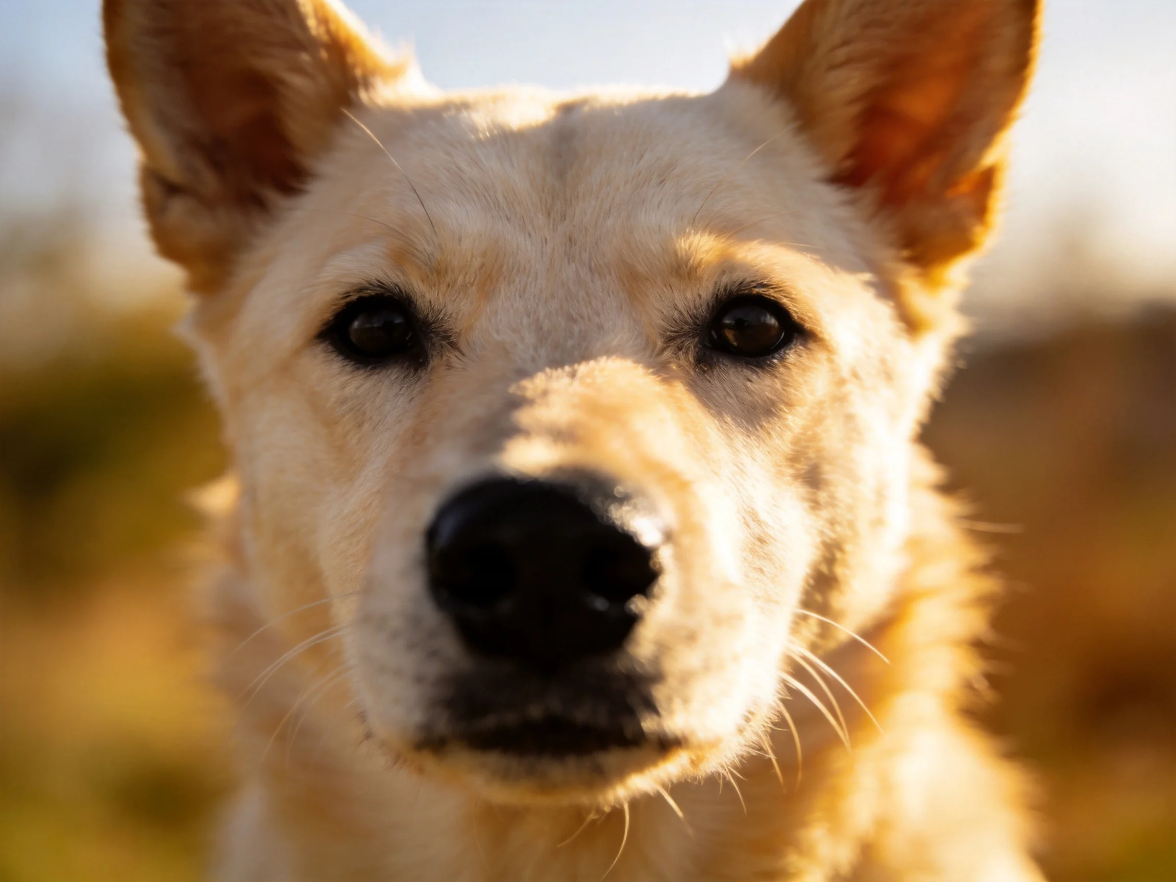 A close-up of a tan dog with upright ears outdoors