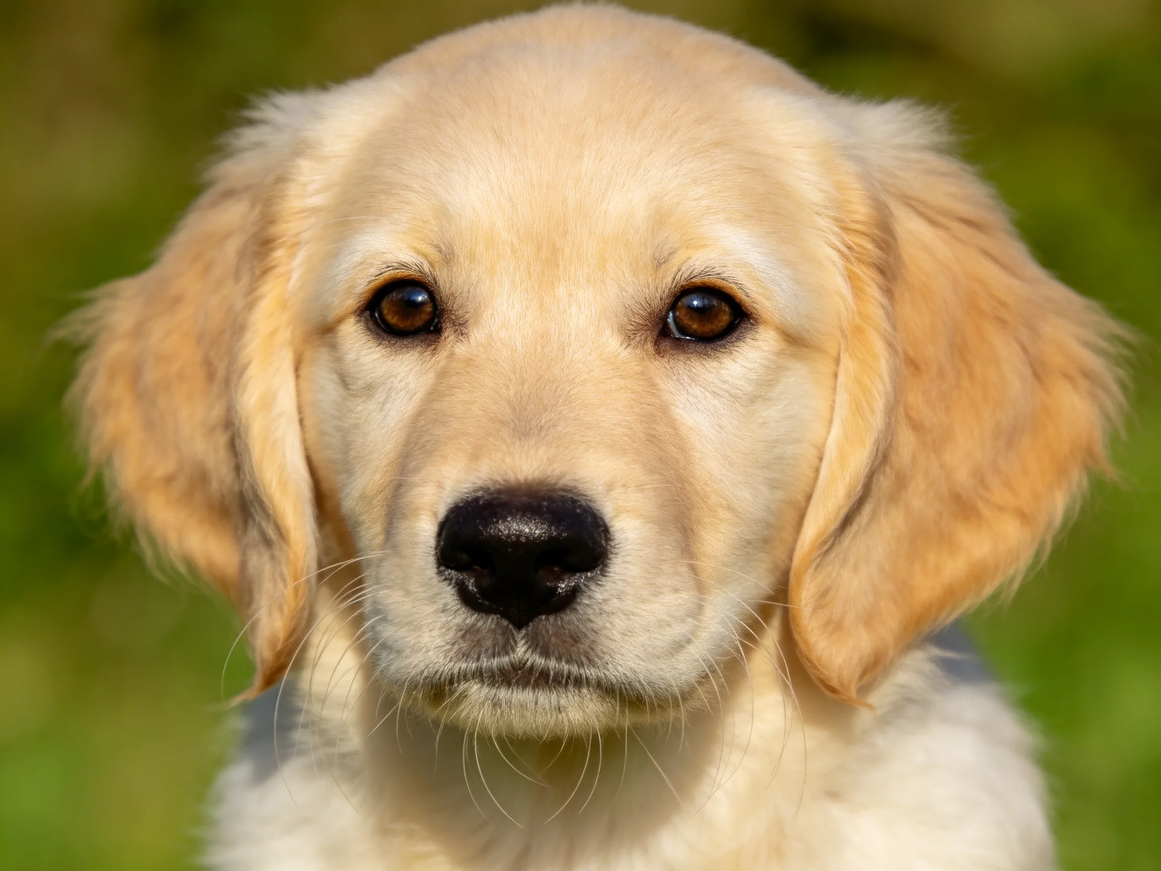 A close-up of a young golden retriever puppy with soft cream fur