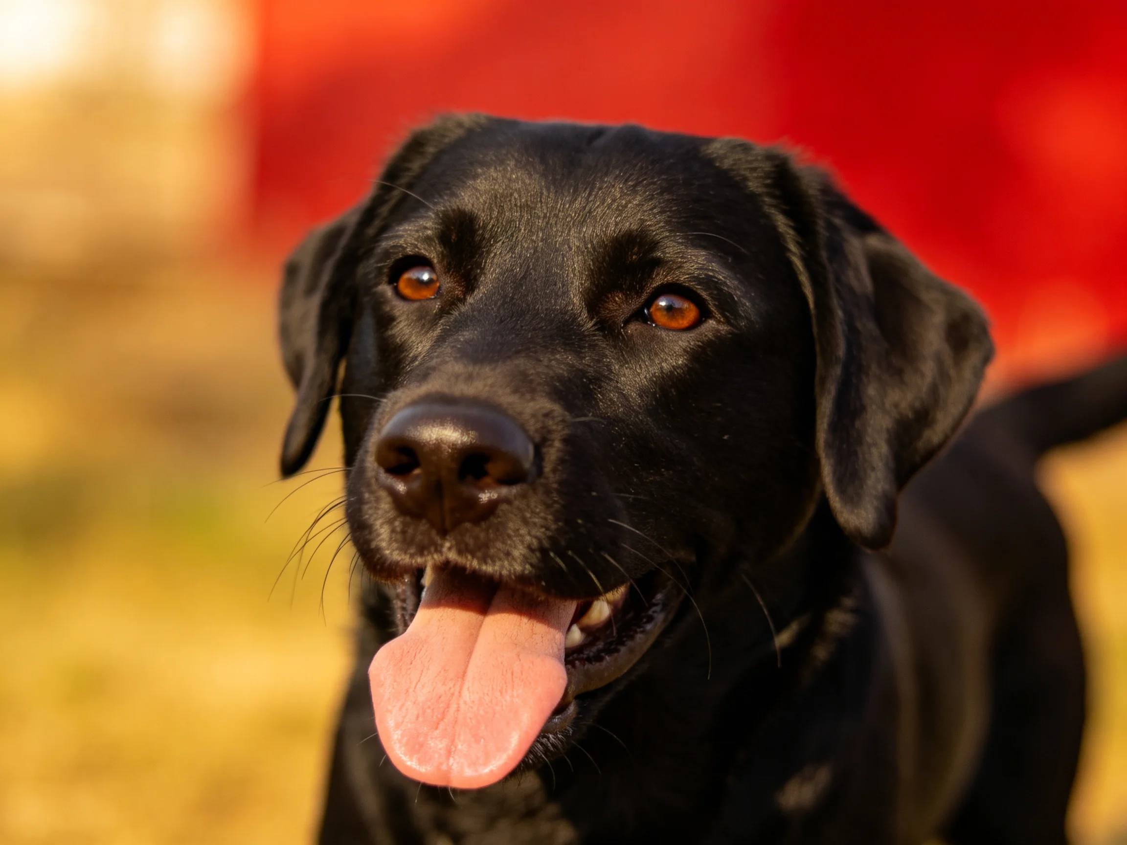 A close-up portrait of a black Labrador retriever with a pink tongue
