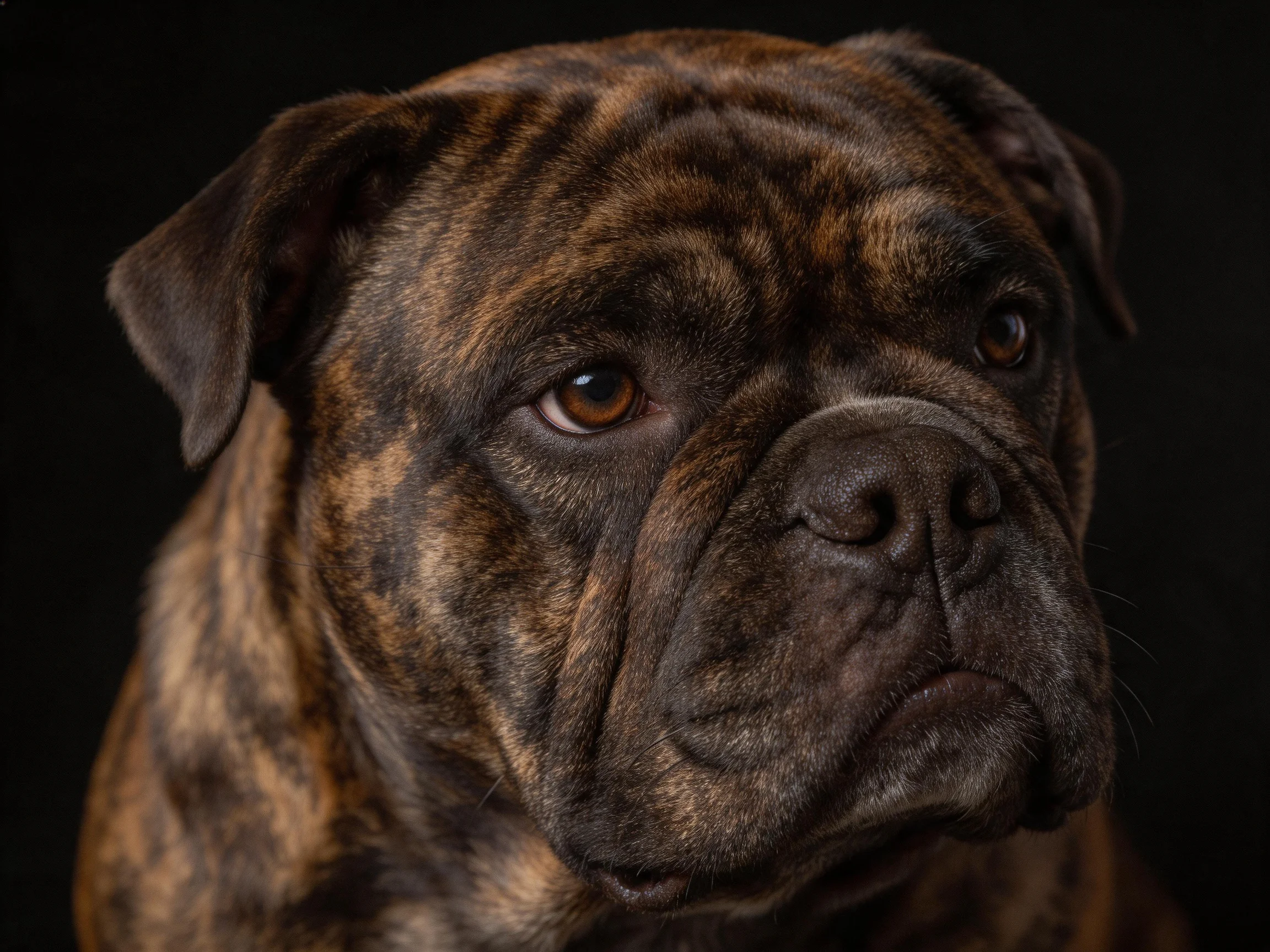 A brindle-coated bulldog is depicted in a close-up with a solemn expression.