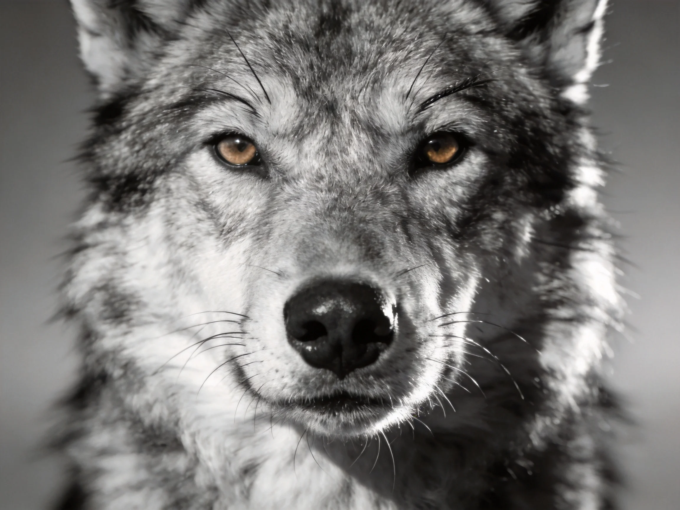 A close-up portrait of a gray wolf with amber eyes highlights its facial features.