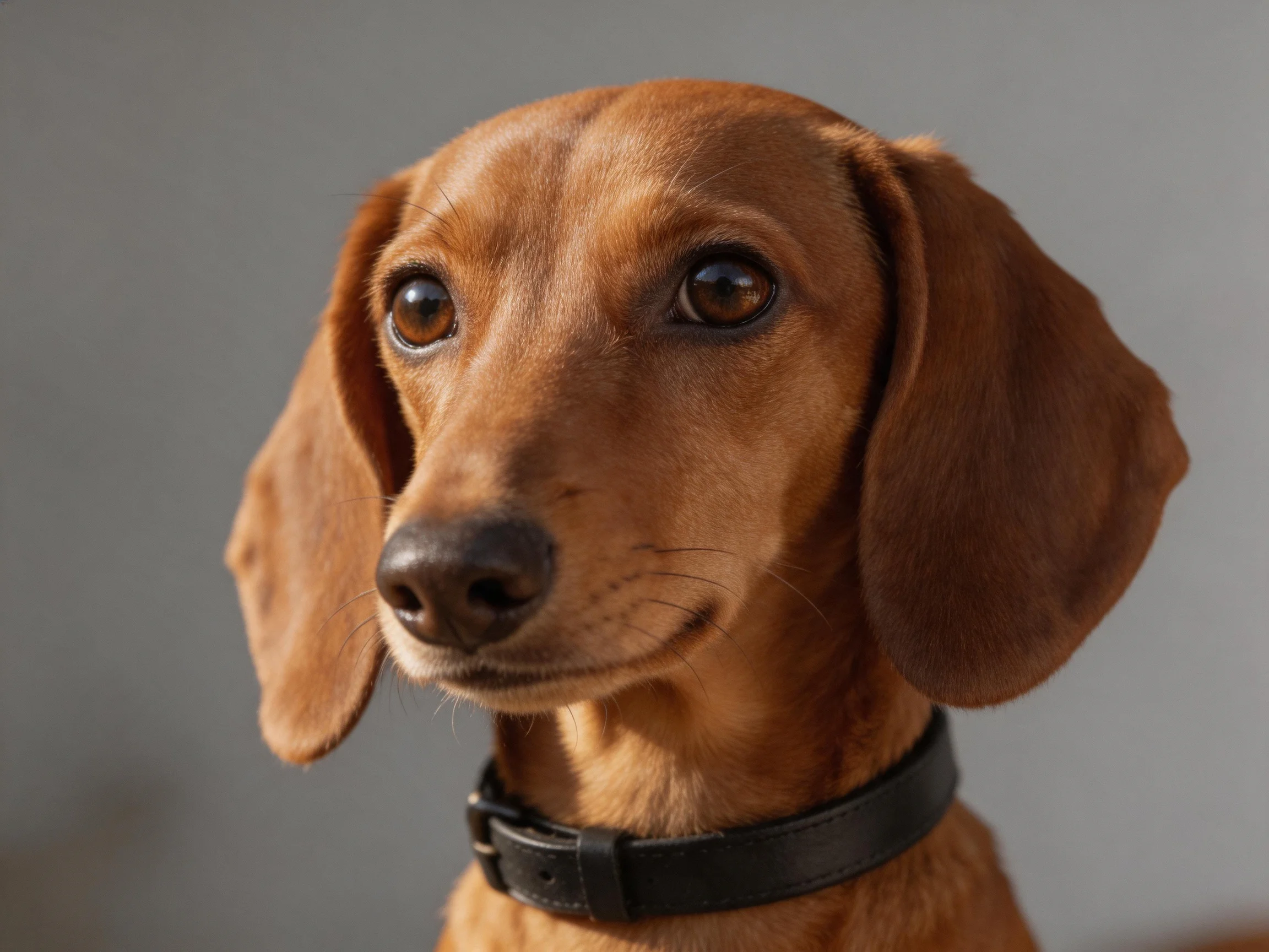 A close-up portrait of a reddish-brown dachshund with large floppy ears