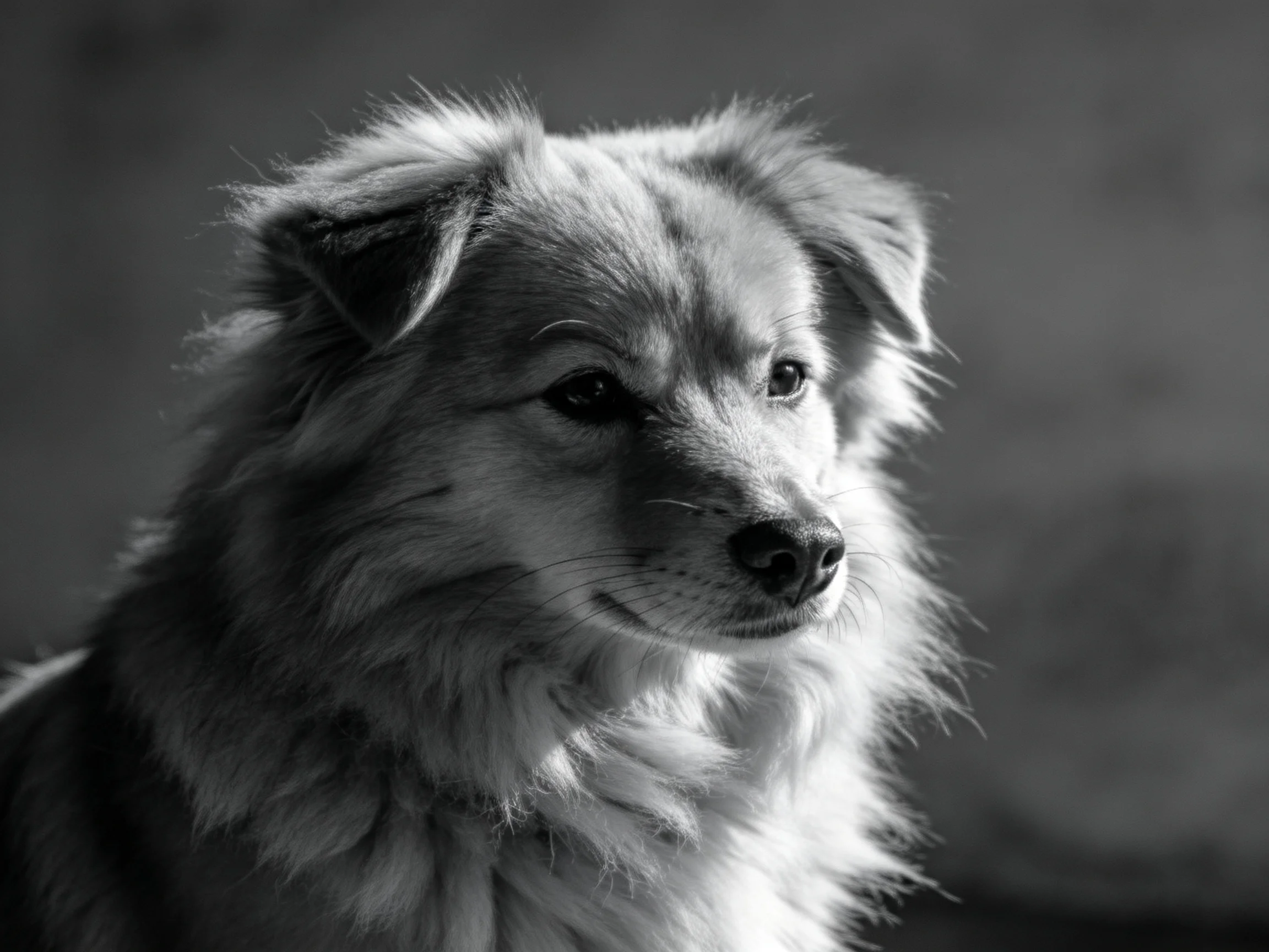 A close-up portrait of a shaggy-coated dog in grayscale tones.