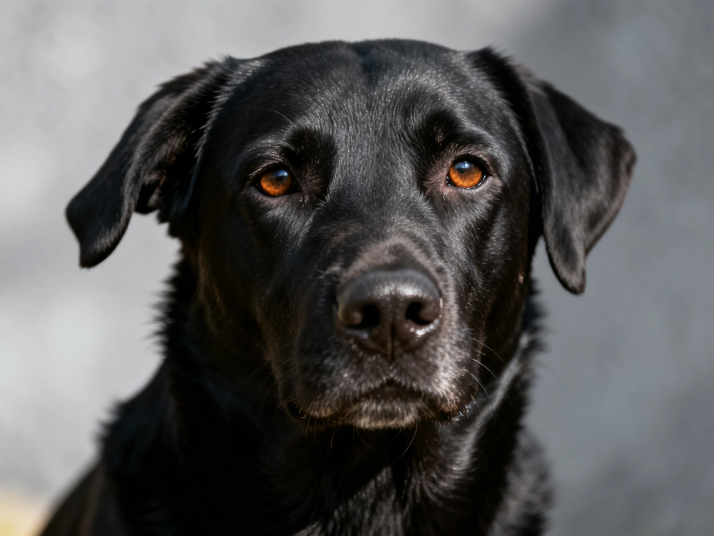 A sleek black Labrador retriever with amber eyes is depicted in a close-up portrait.