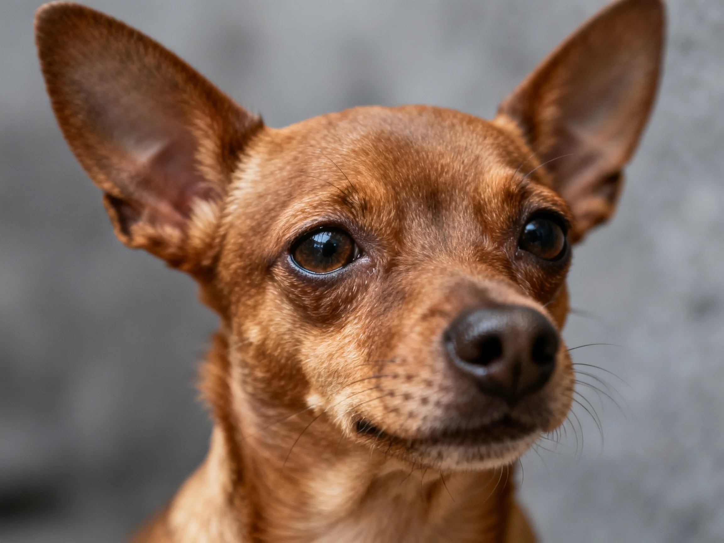 A small brown dog with large upright ears is featured in a close-up photograph.