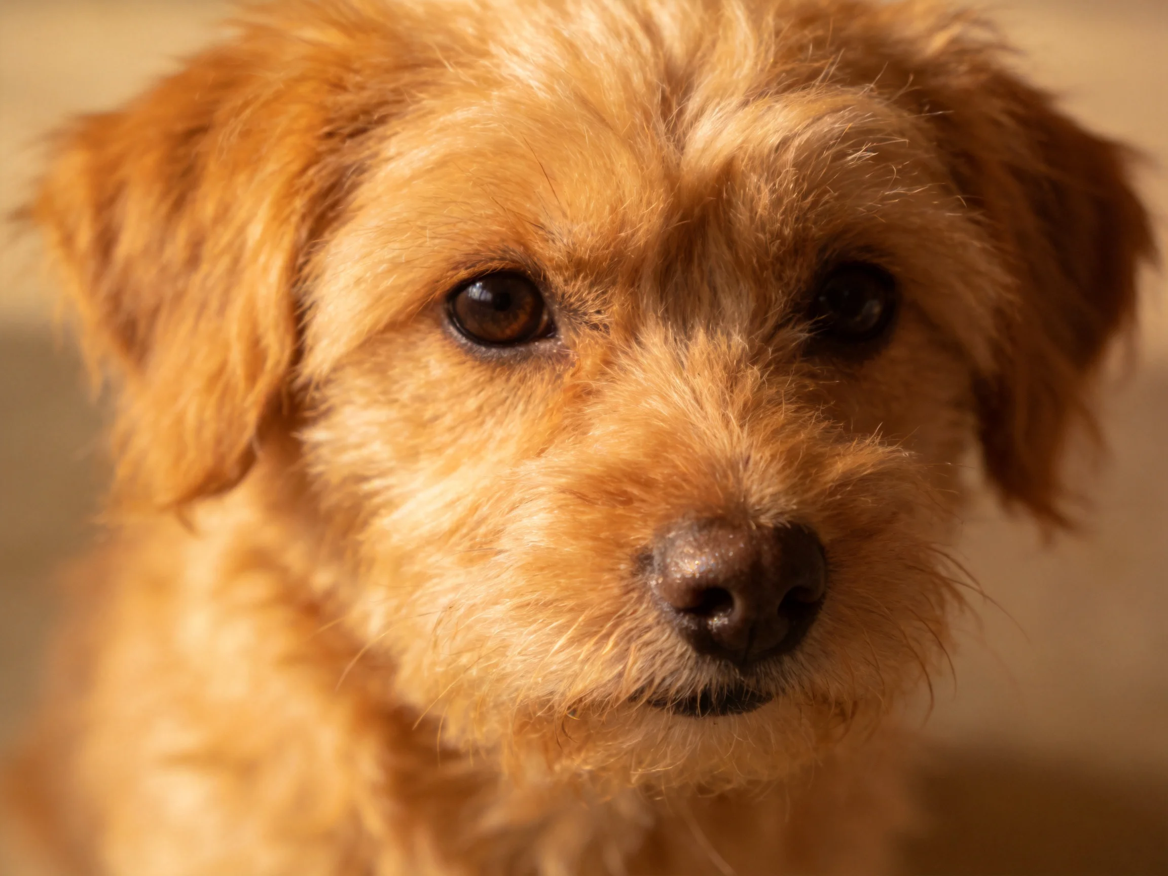 A small golden-brown dog is captured in an intimate close-up photograph.