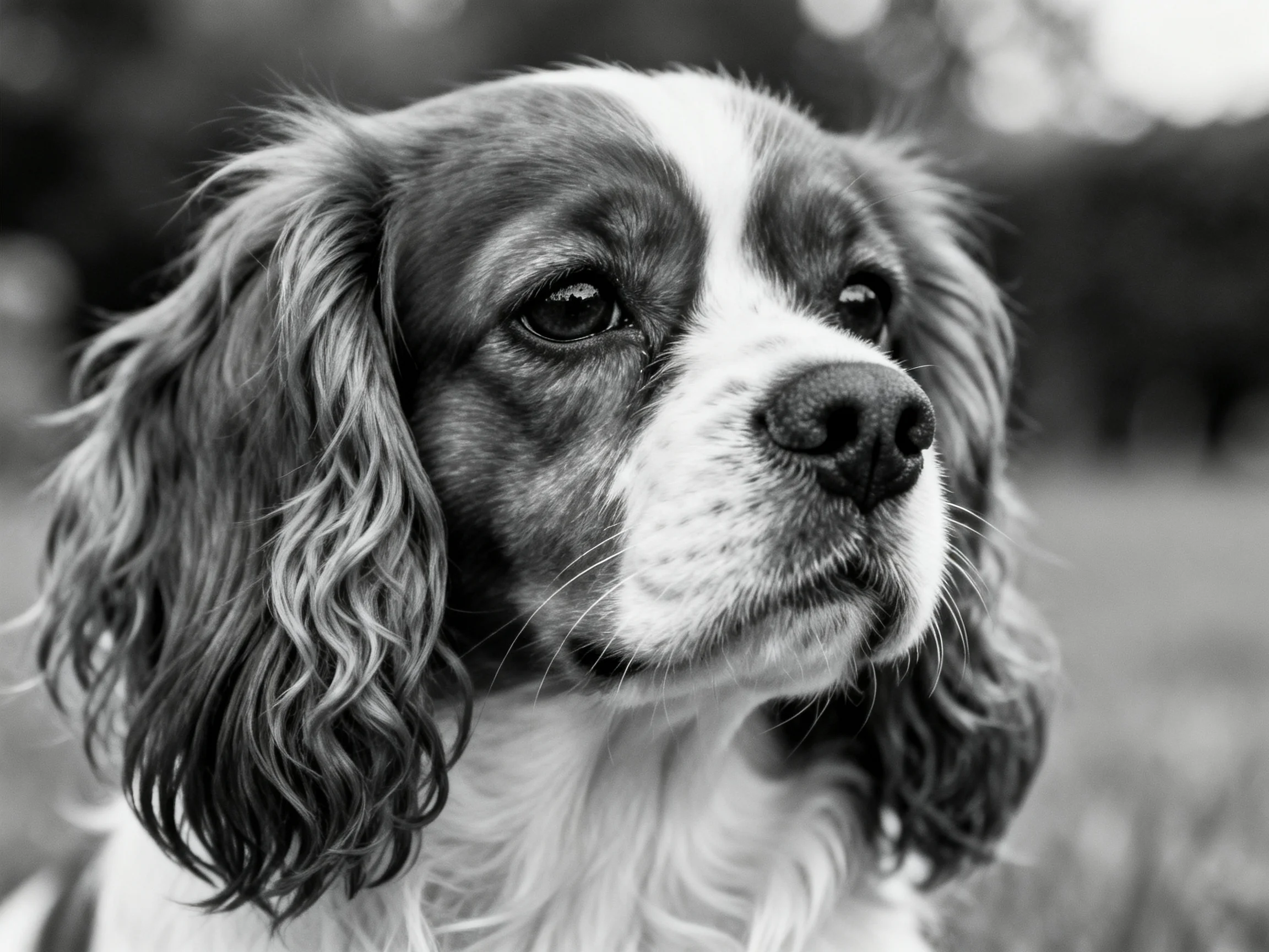 A close-up portrait of a spaniel with dark and light fur