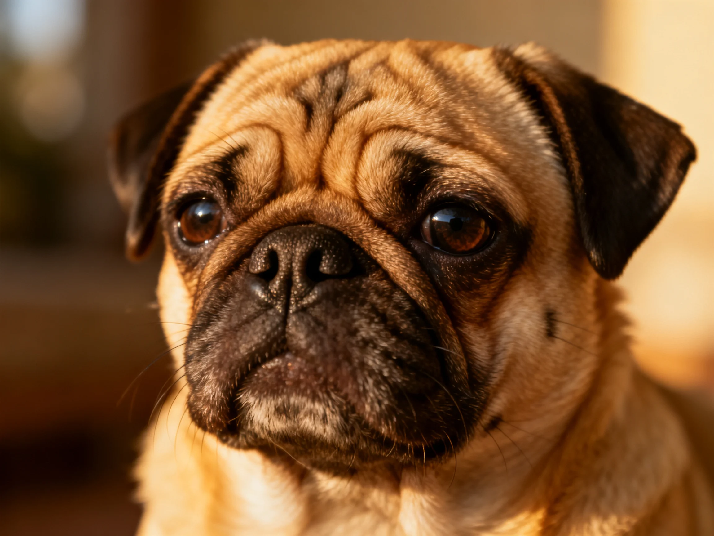 A close-up portrait of a tan pug with dark facial markings