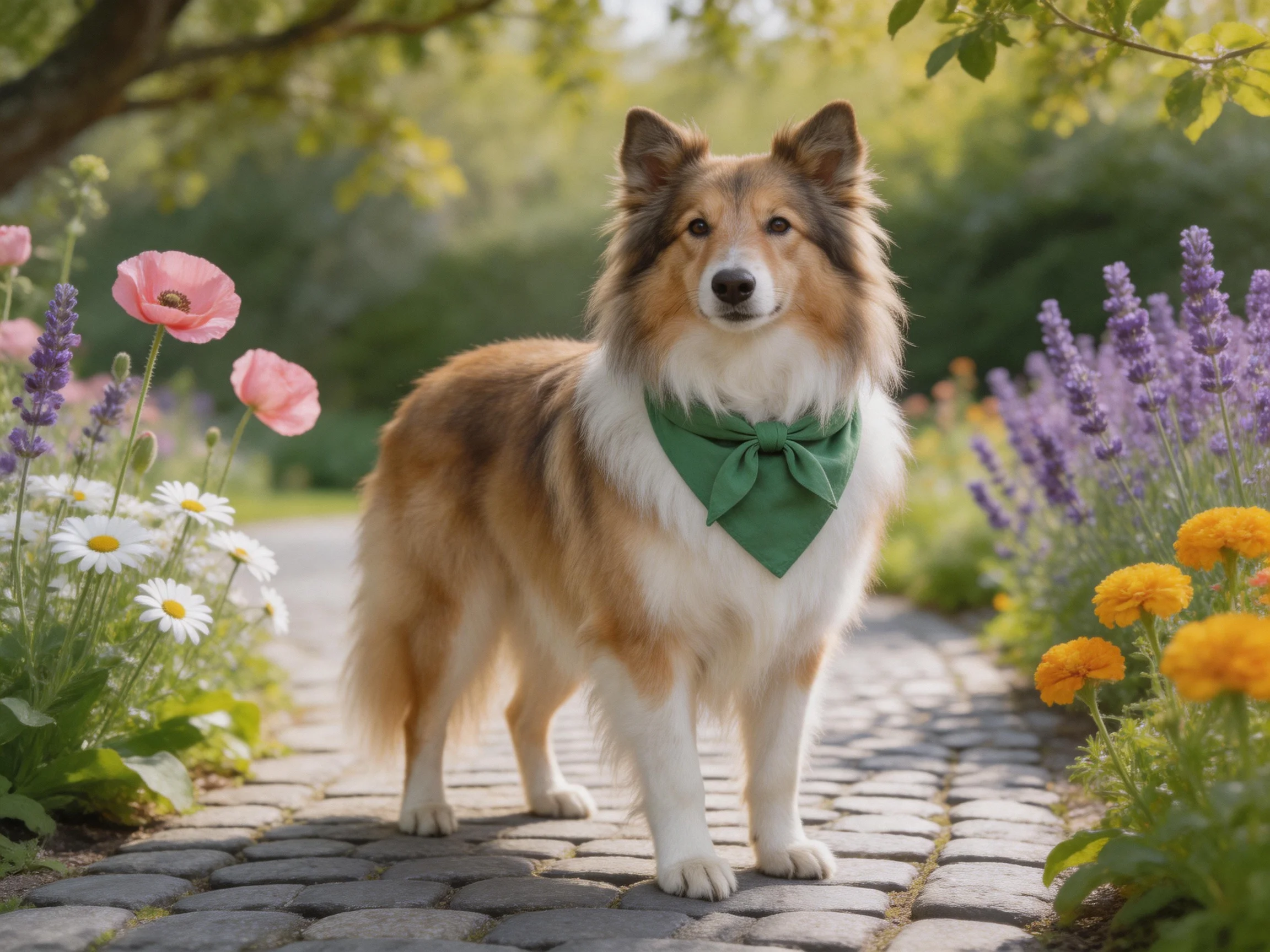 A collie dog with a green bandana among colorful flowers on a cobblestone path