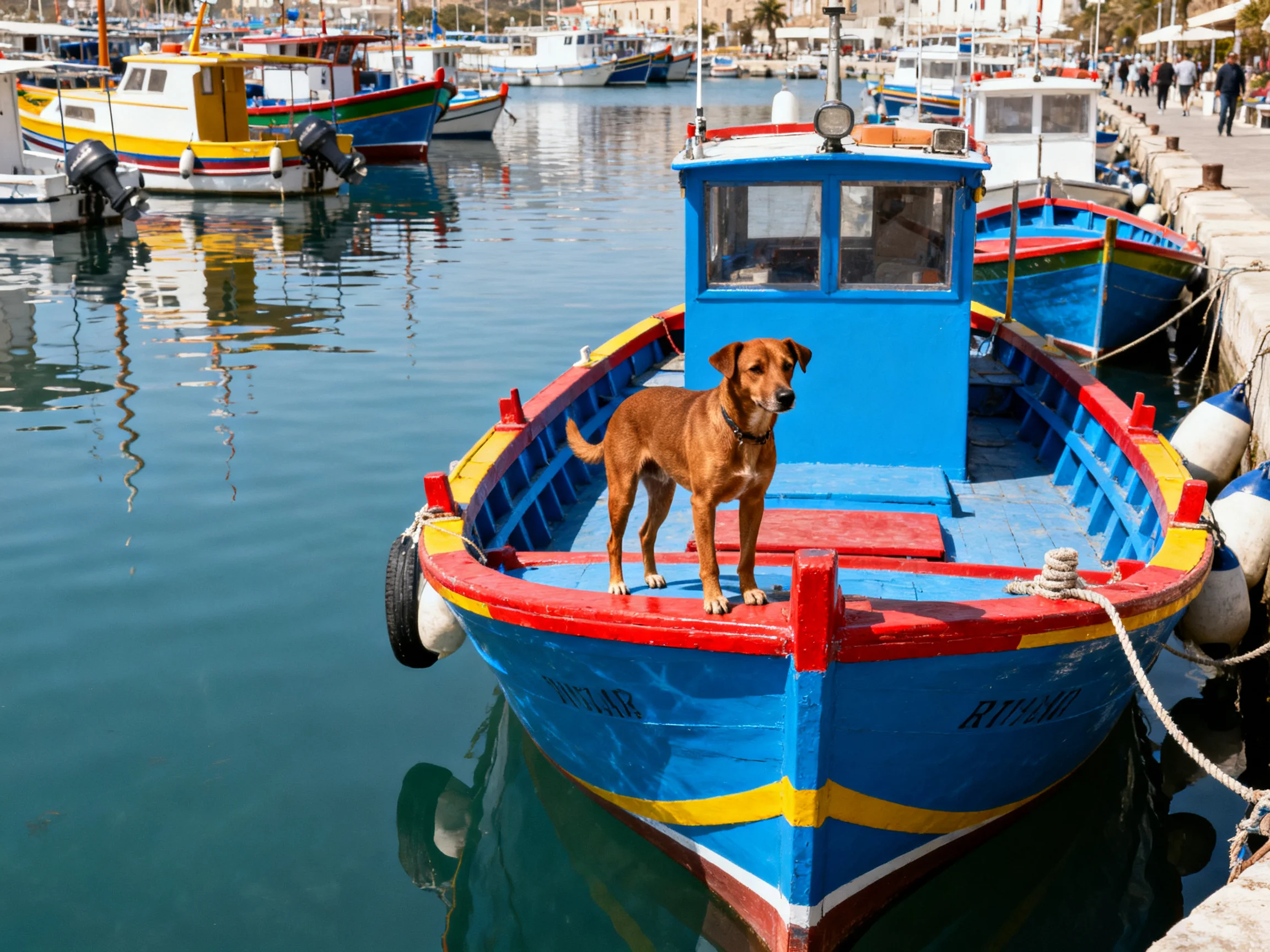 A brown dog stands on a colorful boat in a busy marina.