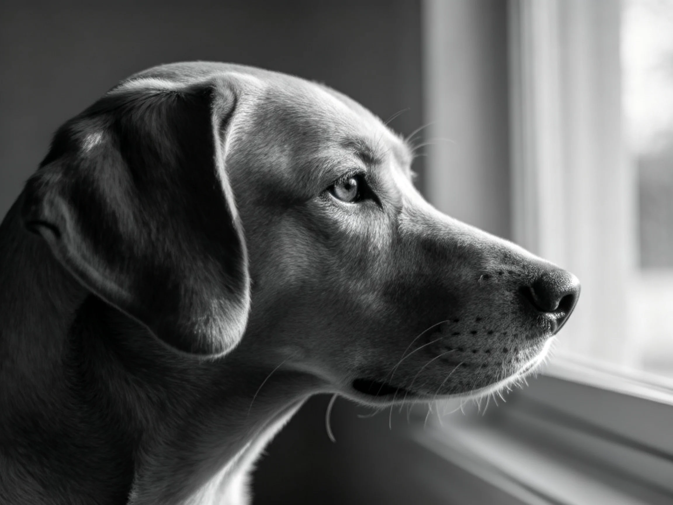 A contemplative dog gazes out a bright window in grayscale