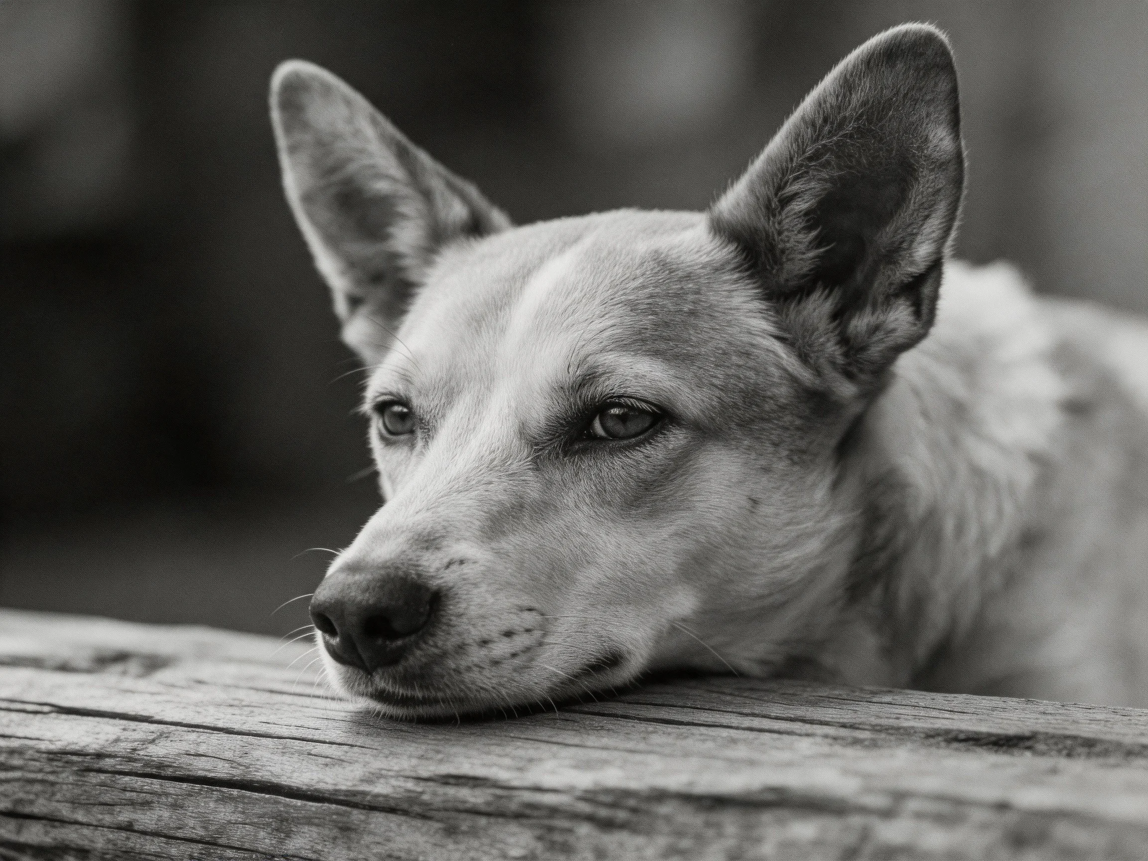 A dog rests its head on a wooden surface in a black-and-white photograph.