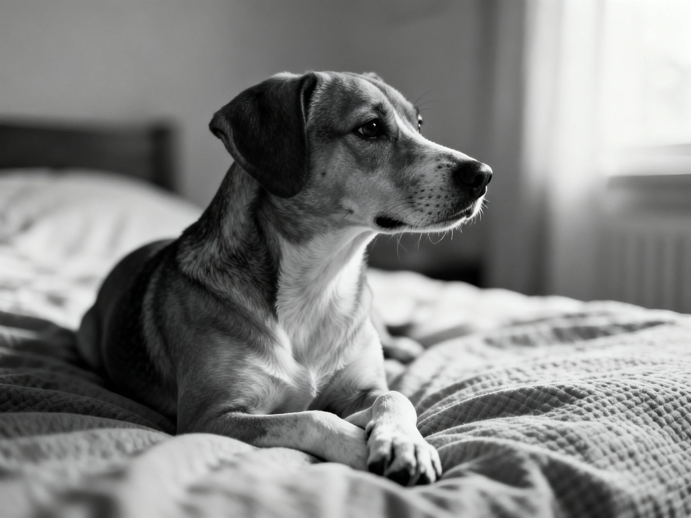 A contemplative dog rests on a textured bedspread in monochrome