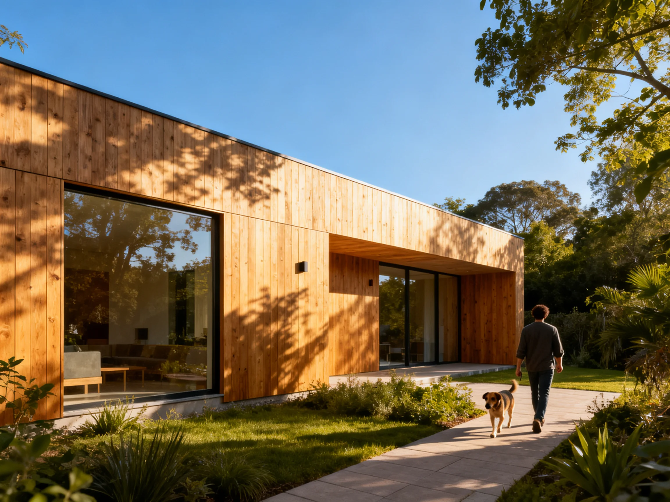 A person walks a dog past a modern wooden house with large glass windows in a landscaped setting.
