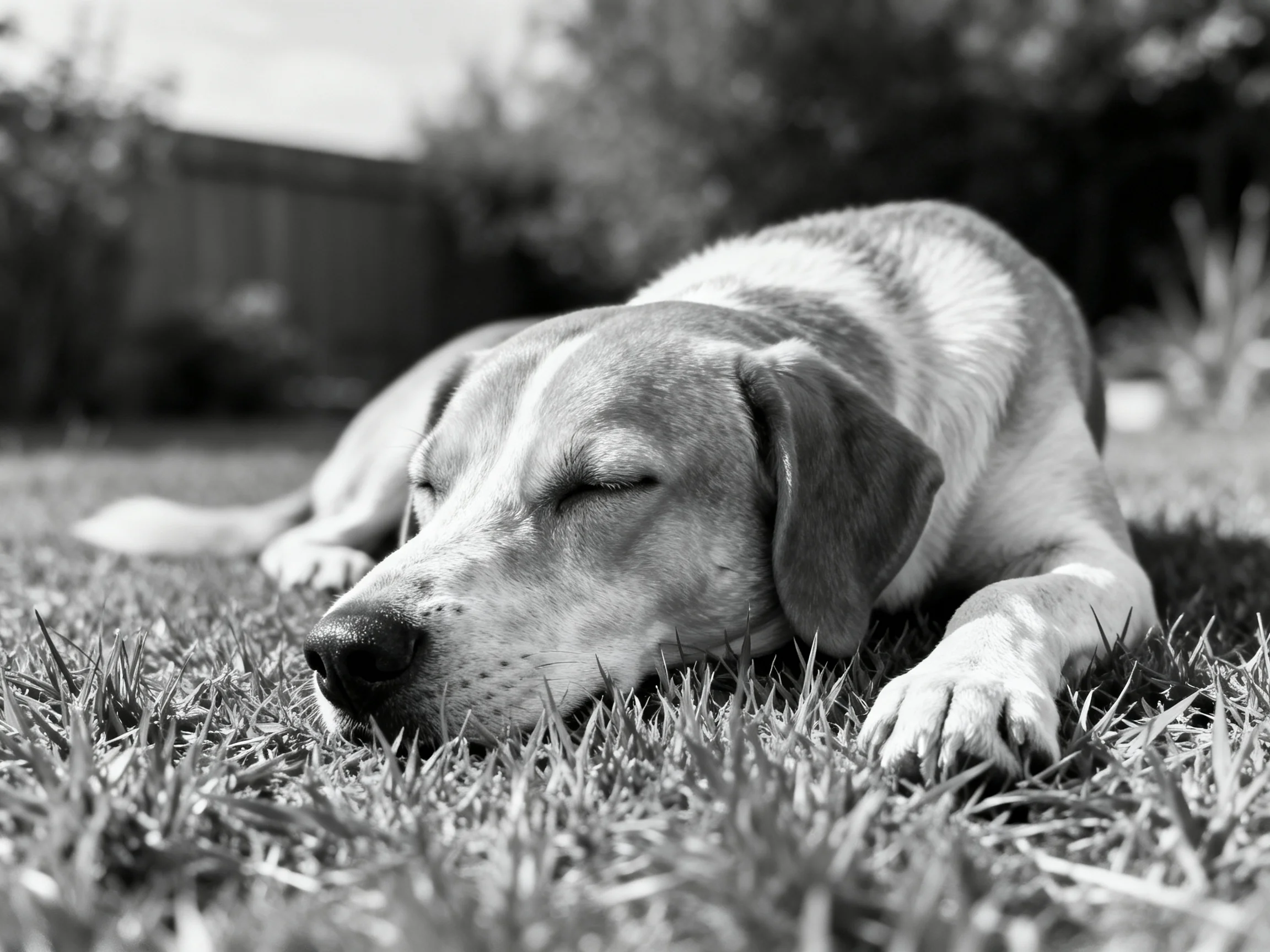 A content dog rests on grass in a backyard