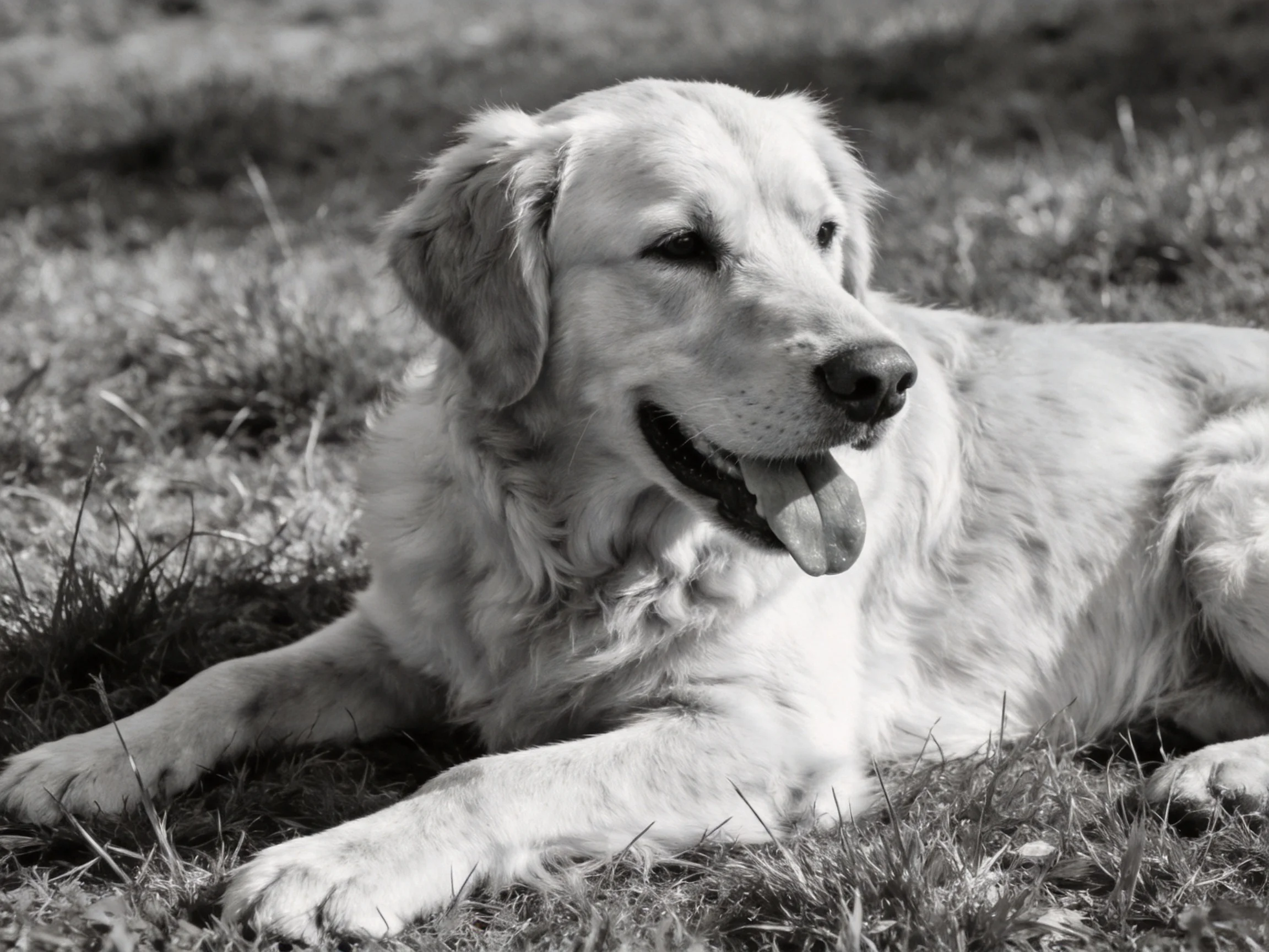 A content golden retriever rests on grass in a black-and-white photograph