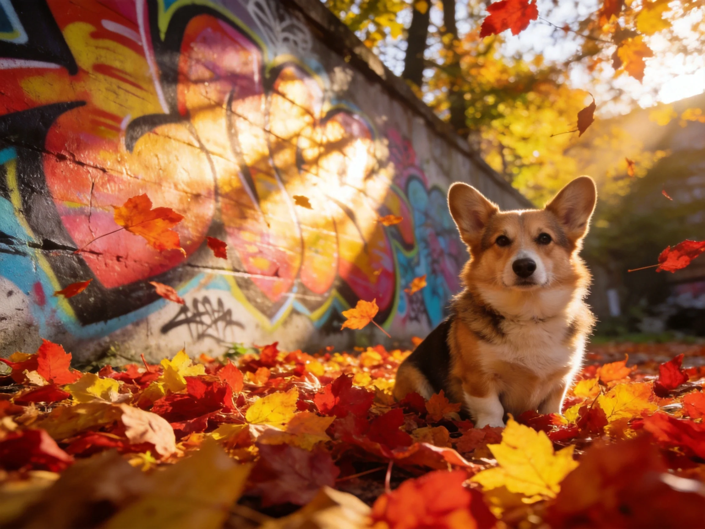 A corgi rests among colorful autumn leaves beside a graffiti-adorned wall.
