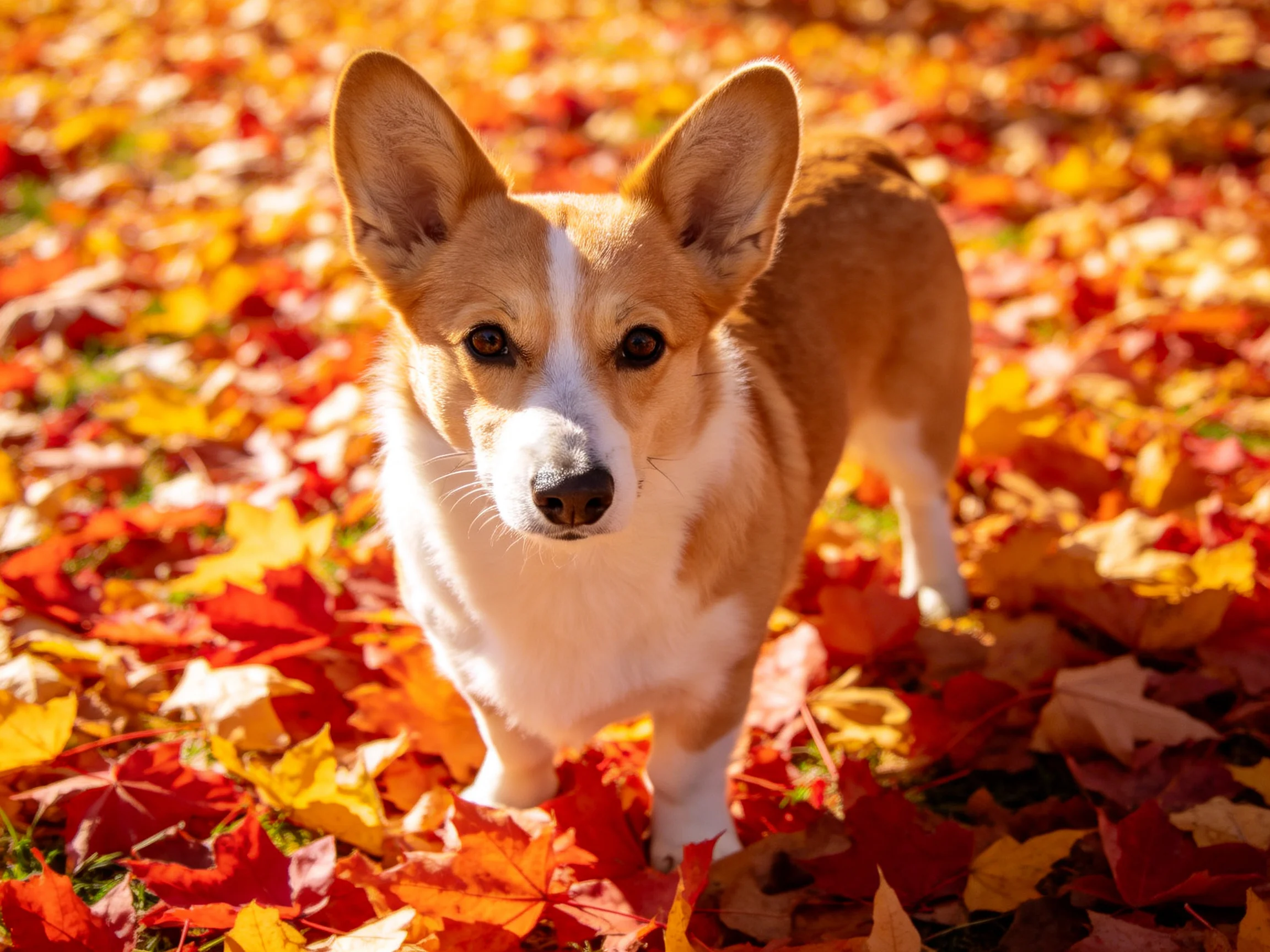A corgi dog amid vibrant red, orange, and yellow autumn leaves