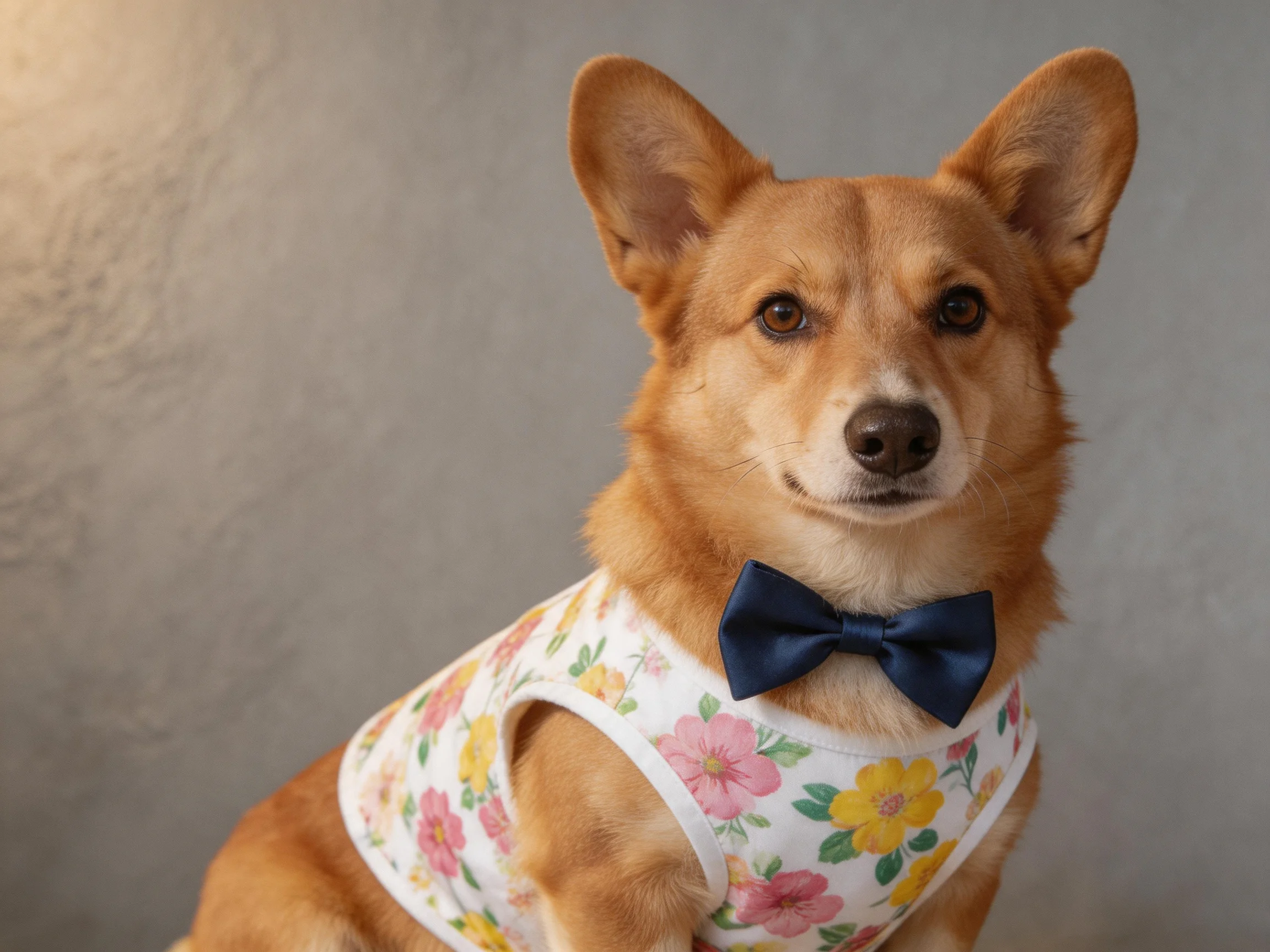 A corgi dog in a floral vest with a dark blue bow tie