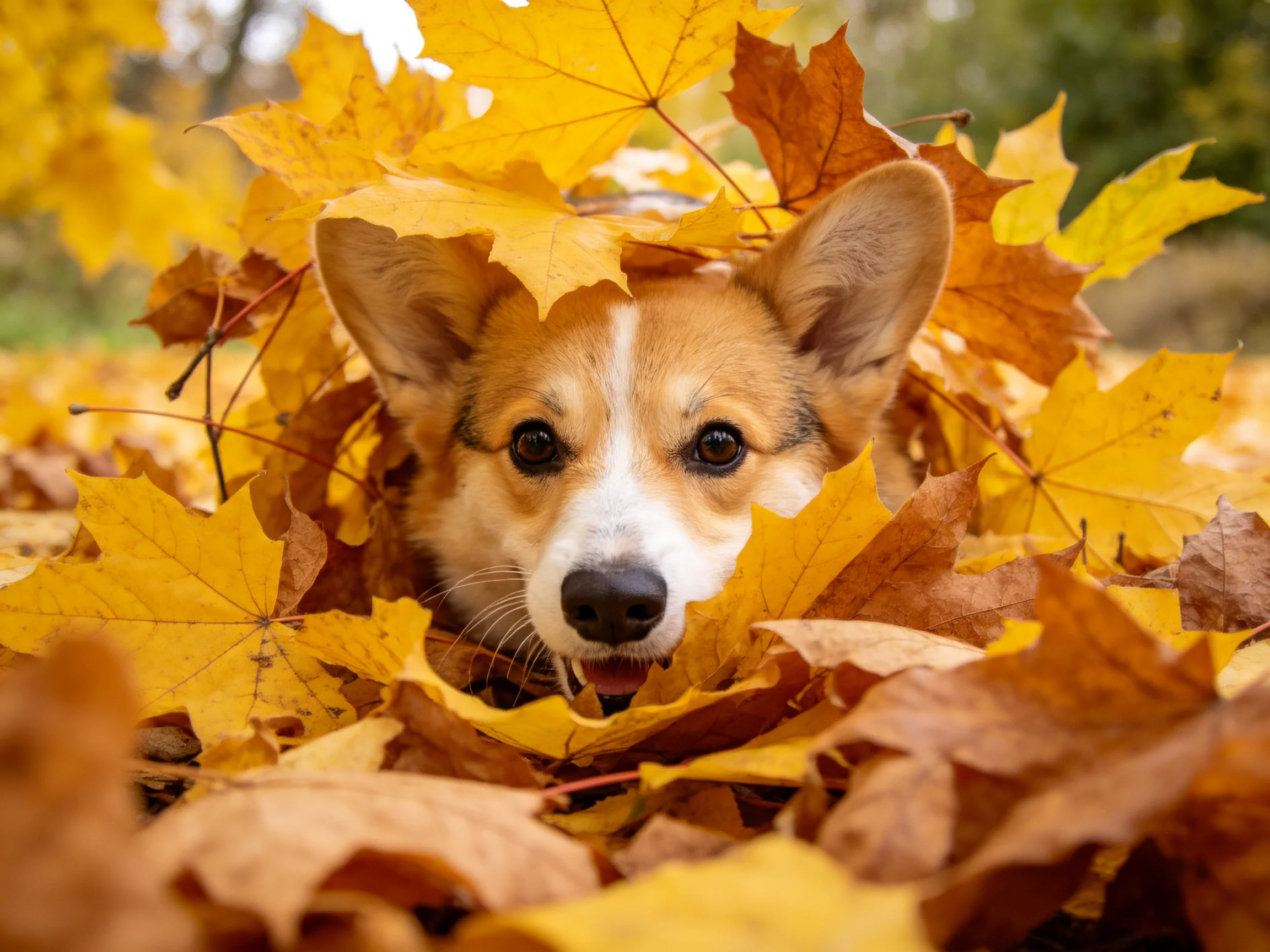 A corgi dog nestled amid golden and brown autumn foliage