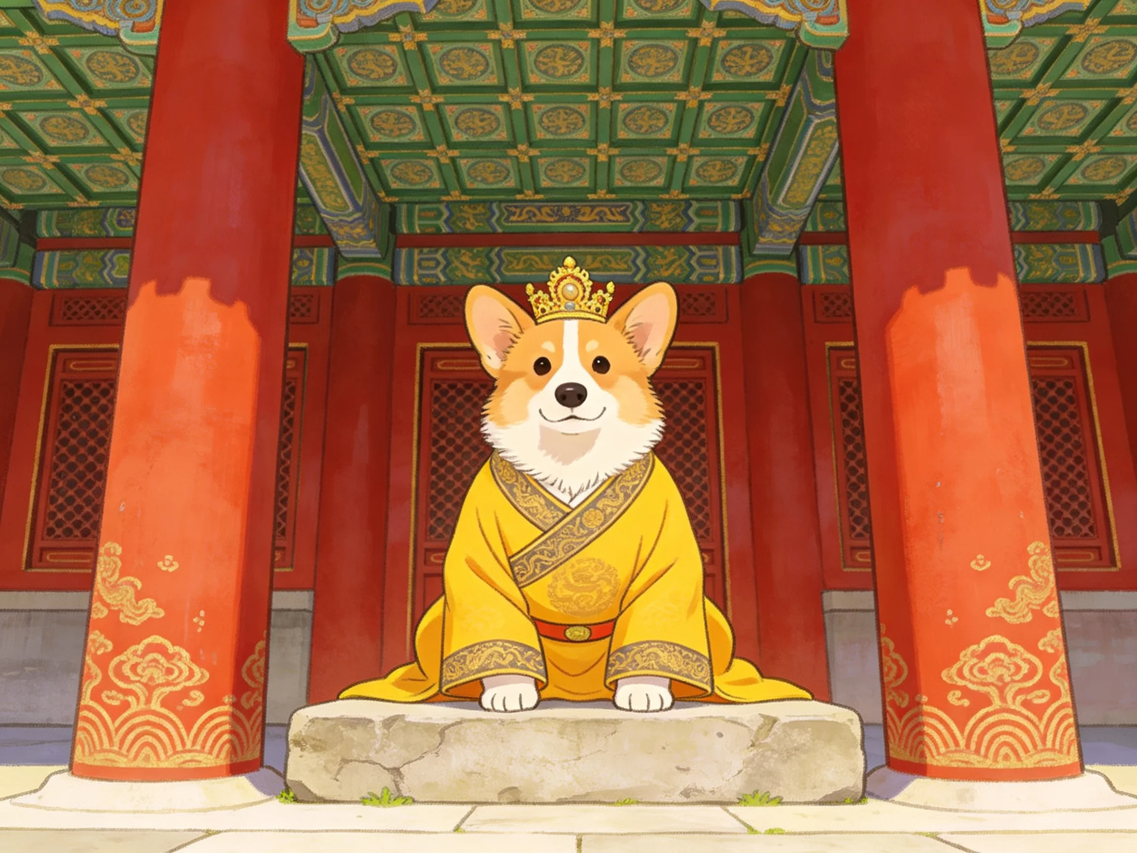 A corgi dog wearing a golden robe sits in a richly decorated temple