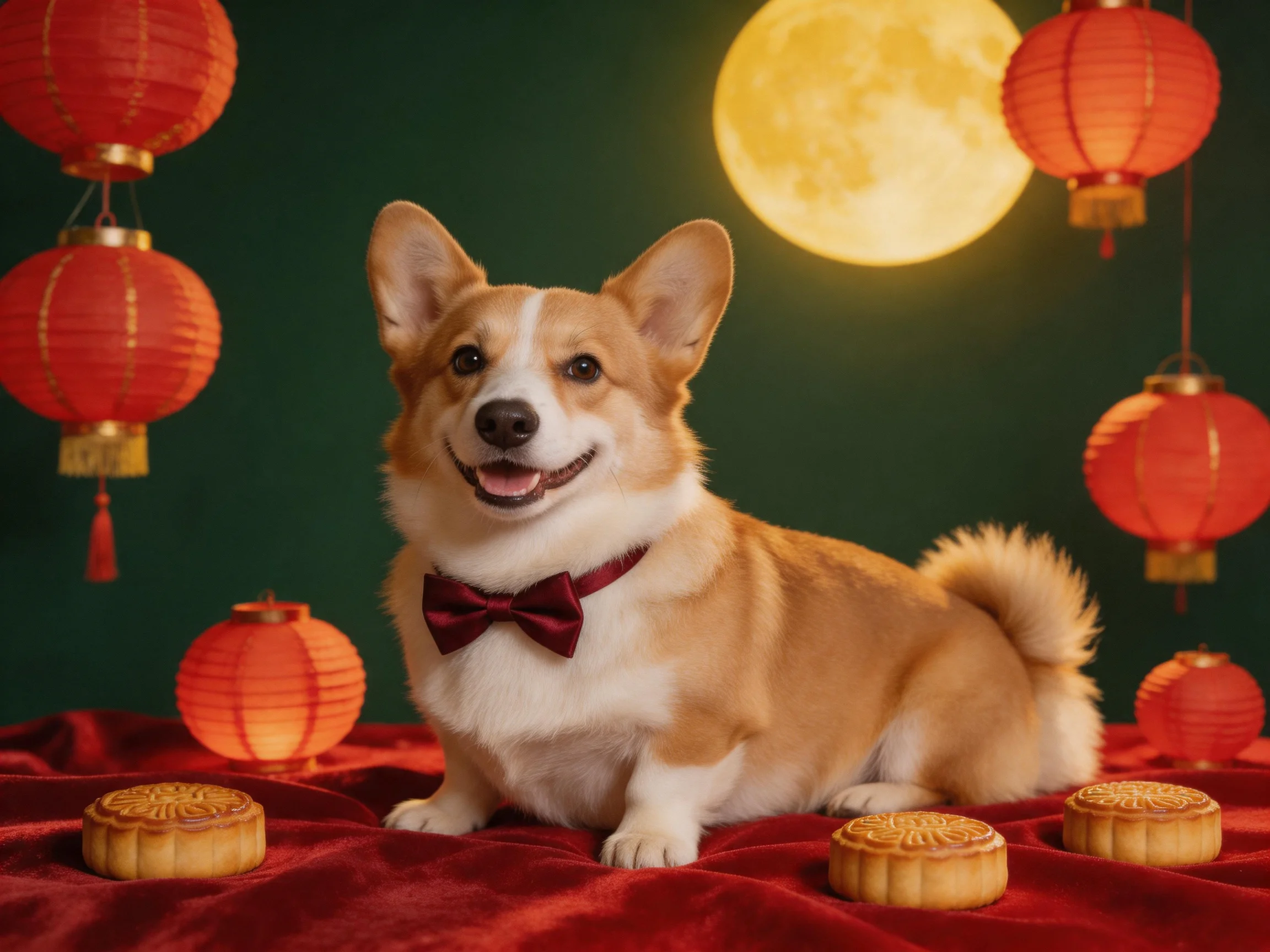 A corgi dog with a maroon bow tie among red lanterns, mooncakes, and a large moon