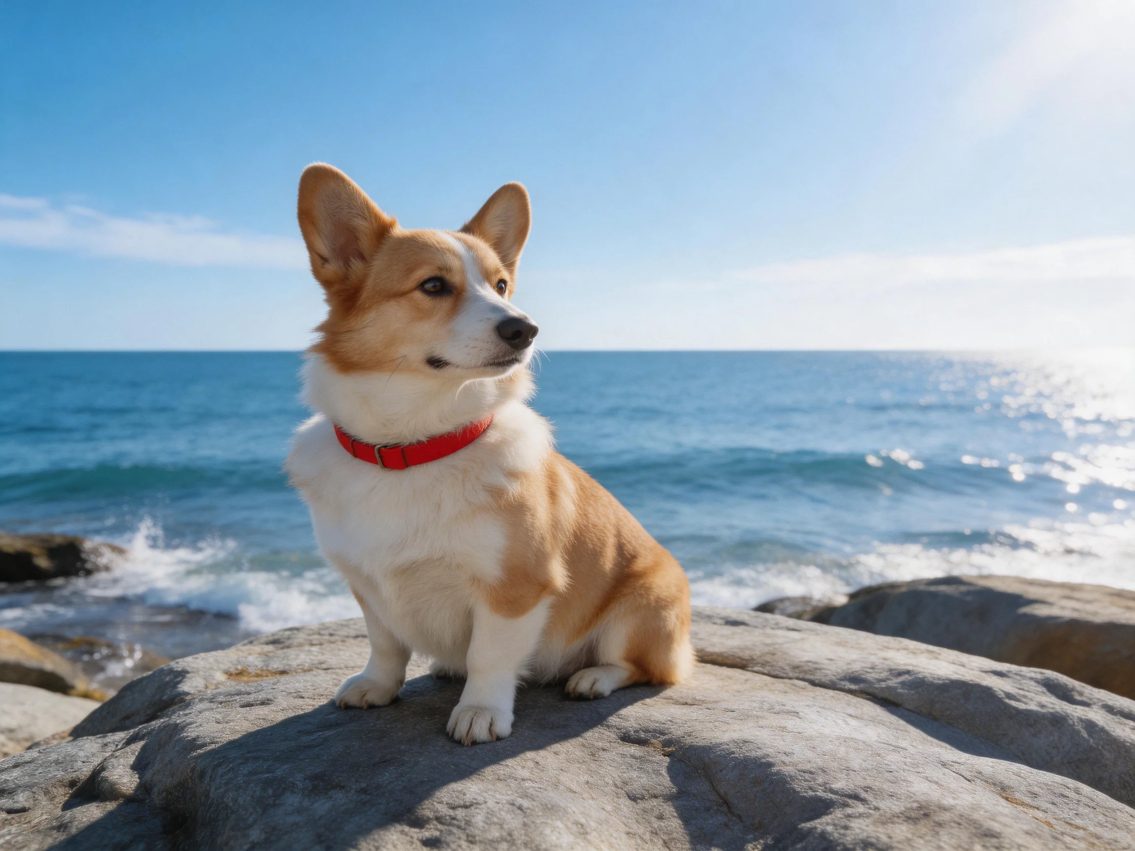 A corgi with a red collar sits on rocks by the ocean.