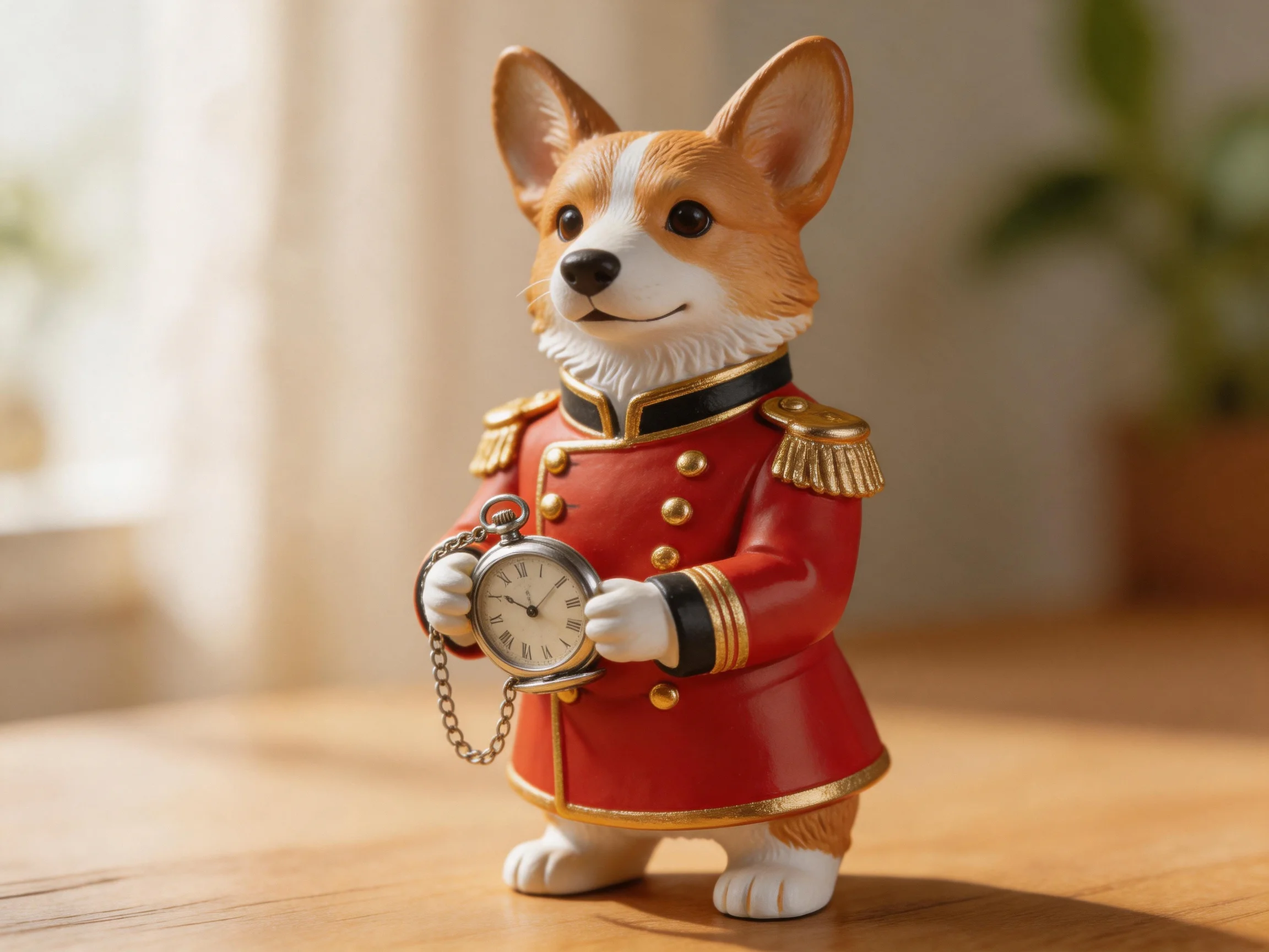 A corgi figurine in a red military-style uniform holding a silver pocket watch