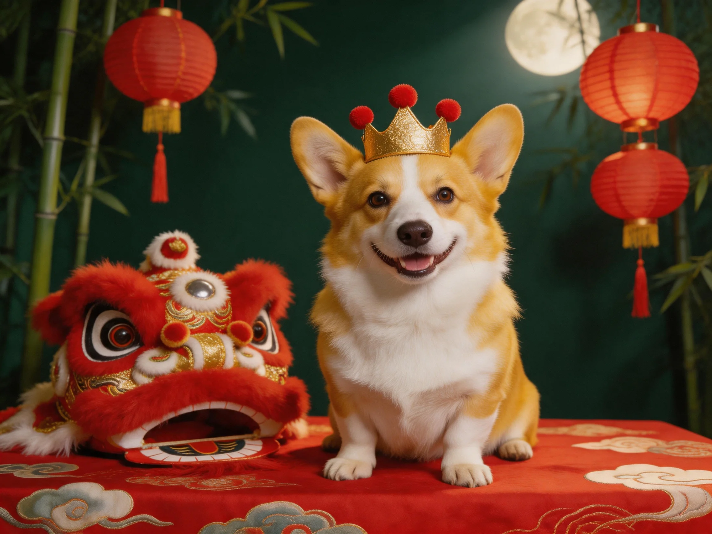 A corgi in a golden crown beside a red lion dance head with red lanterns