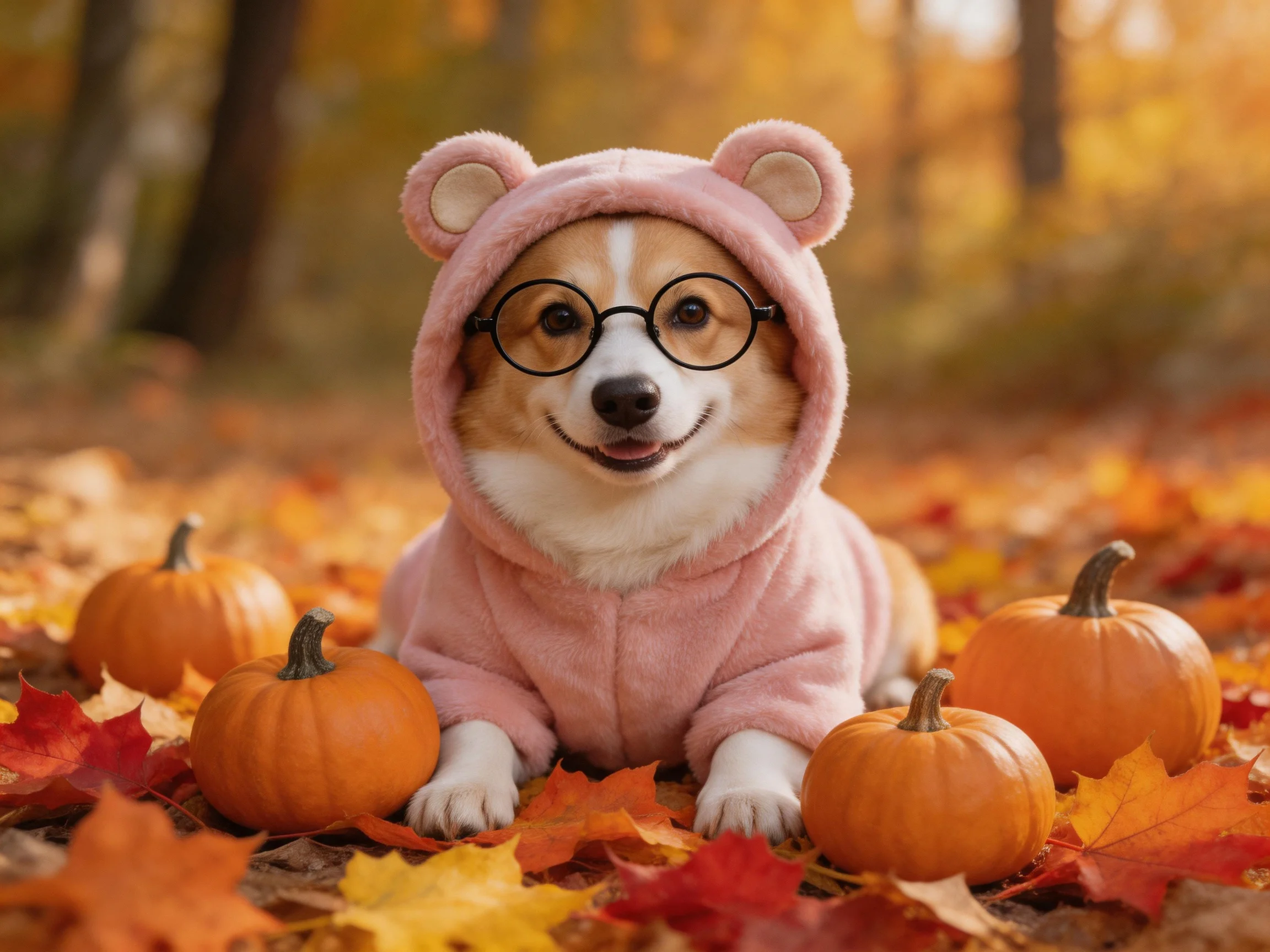A corgi in a pink bear hoodie among small pumpkins and autumn leaves