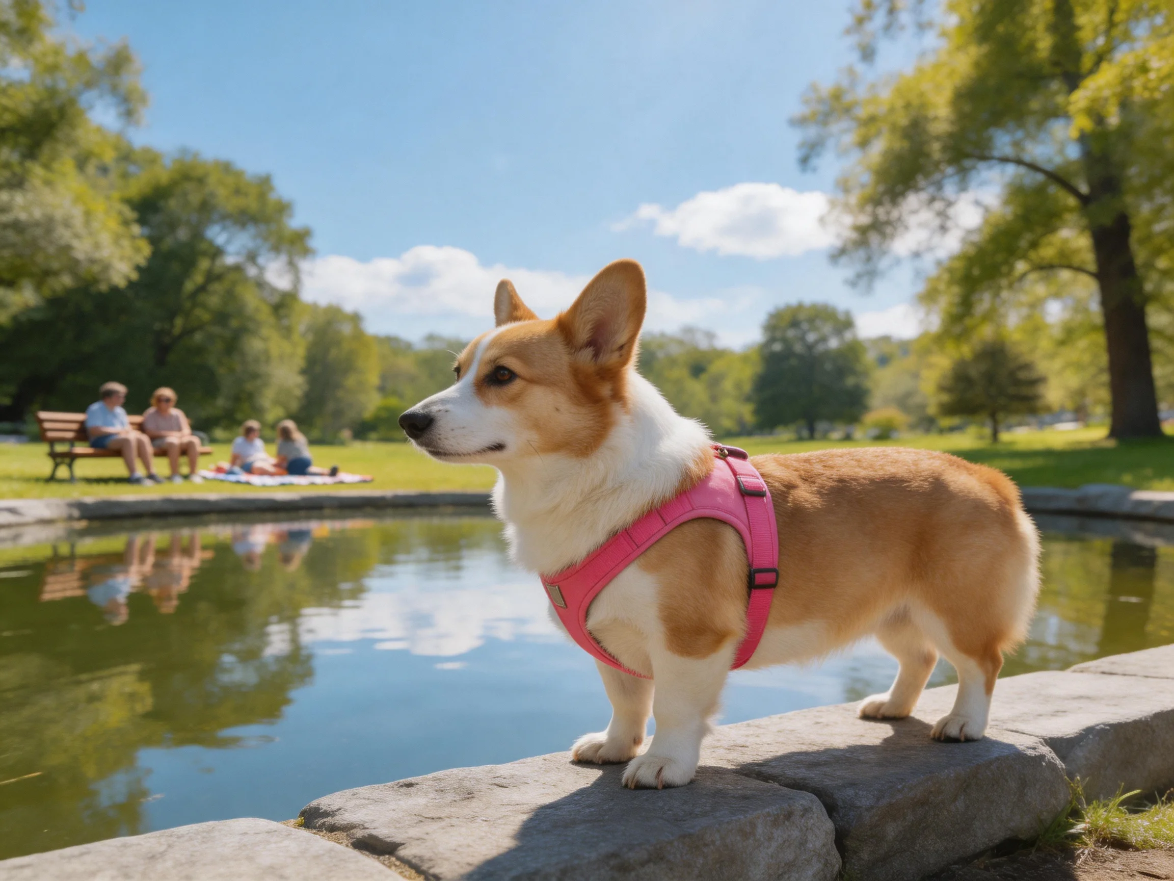 A corgi in a pink harness stands by a serene park pond