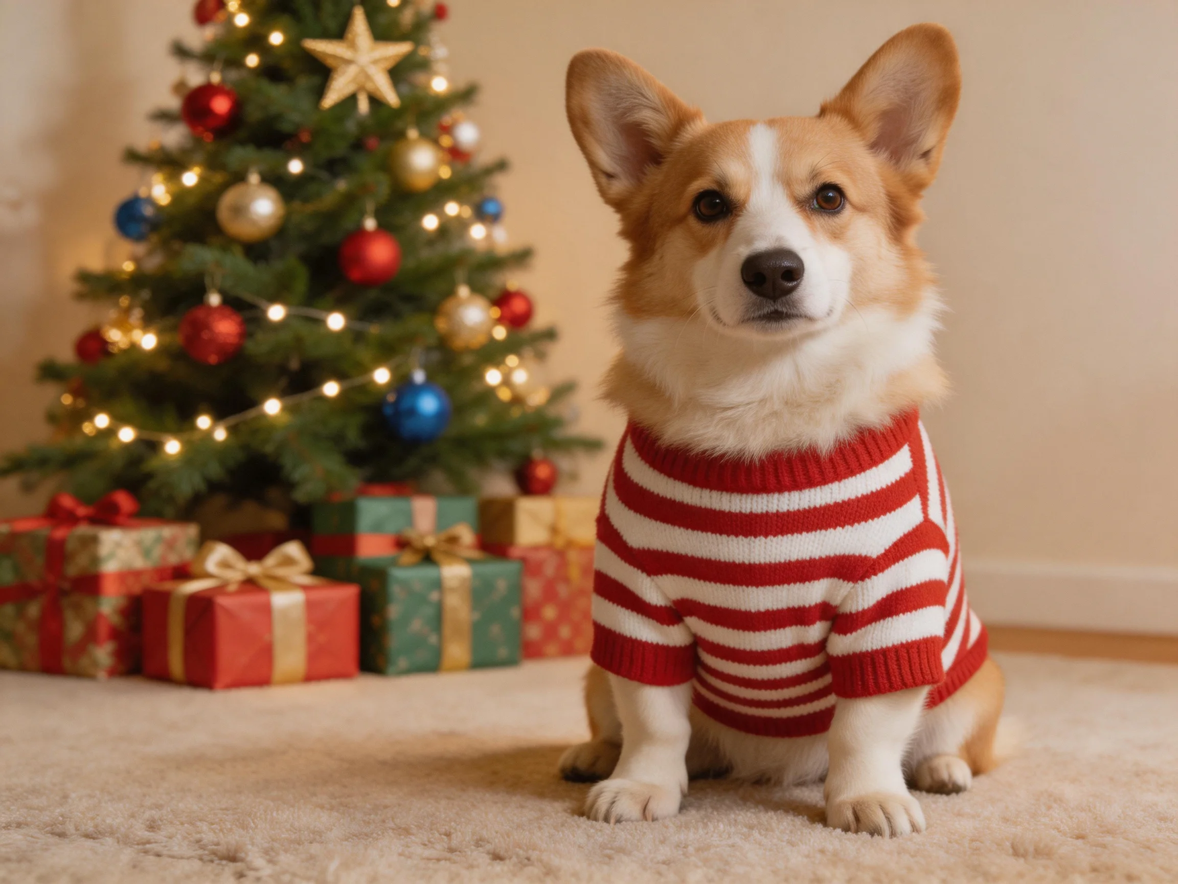 A corgi in a red-and-white striped sweater near a decorated Christmas tree