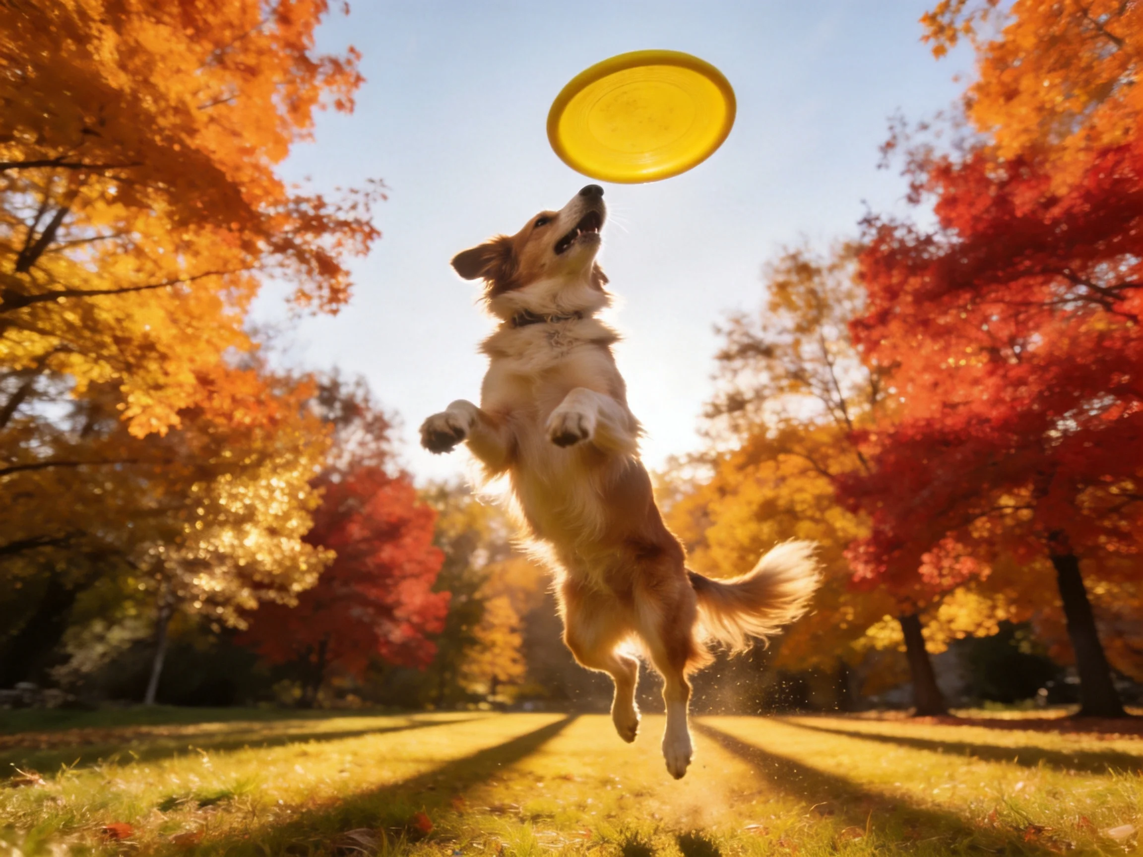 A corgi jumps to catch a frisbee in a sunlit autumn park.
