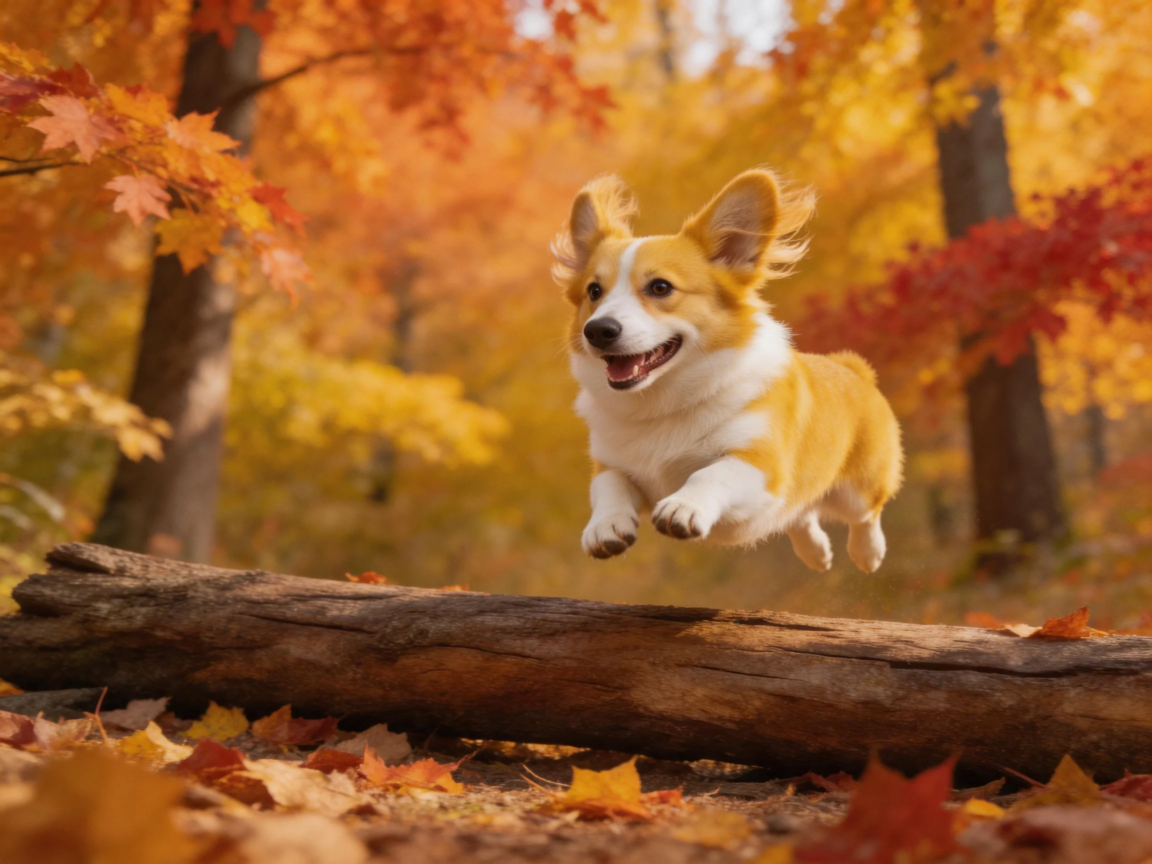 A corgi jumps over a log amidst colorful autumn trees.