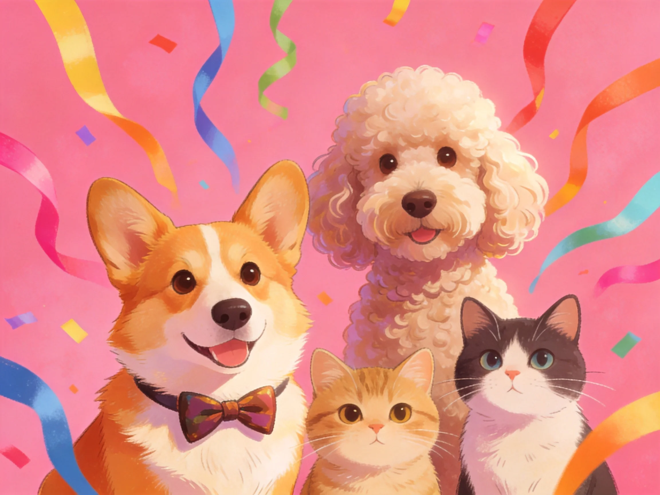 A corgi, poodle, orange cat, and black - white cat gather among colorful streamers on a pink backgrou