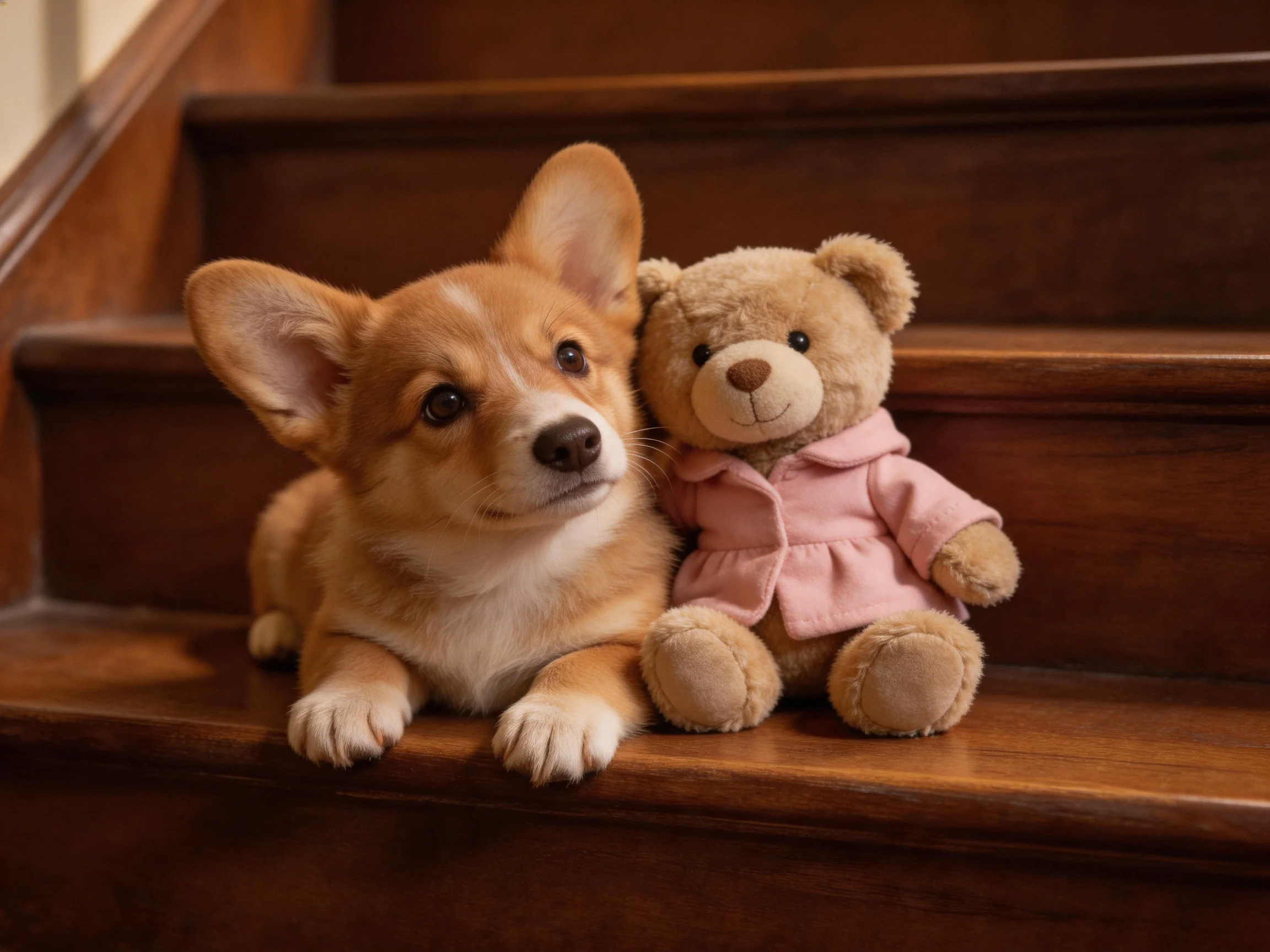A corgi puppy sits beside a pink teddy bear on wooden stairs.
