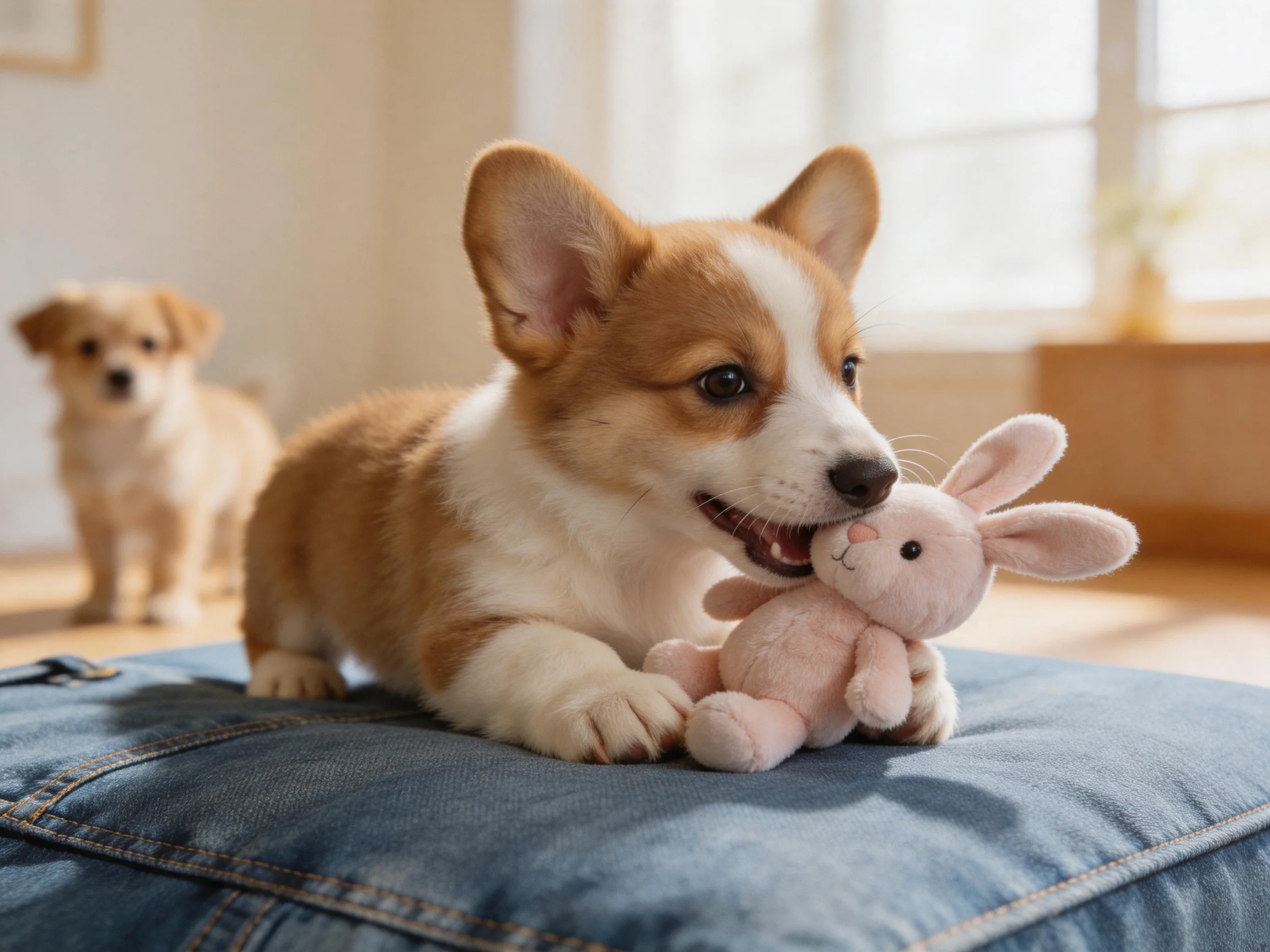 A corgi puppy chews a pink stuffed bunny near another dog on a denim cushion