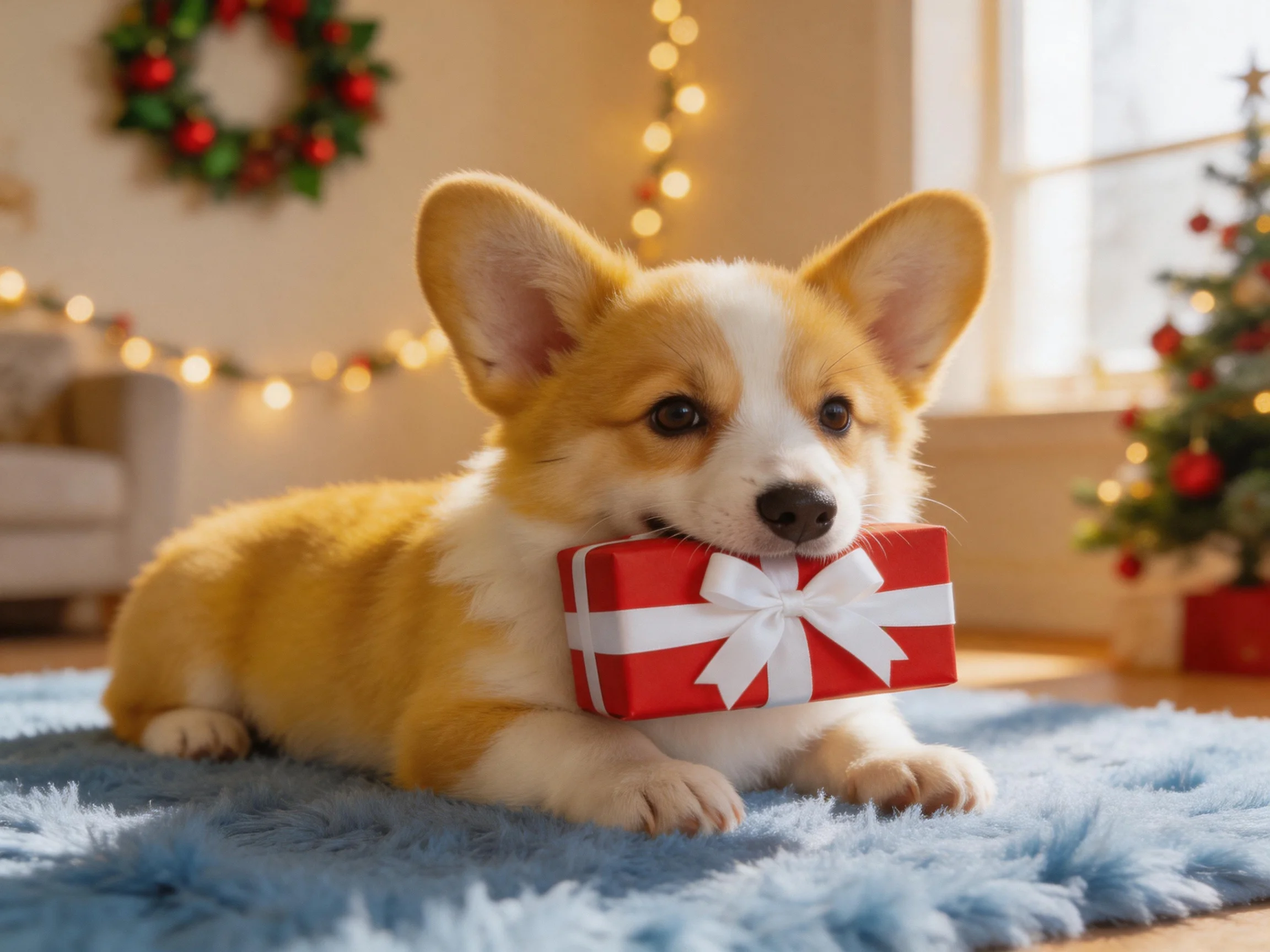 A corgi puppy holds a red gift box in a festively lit room