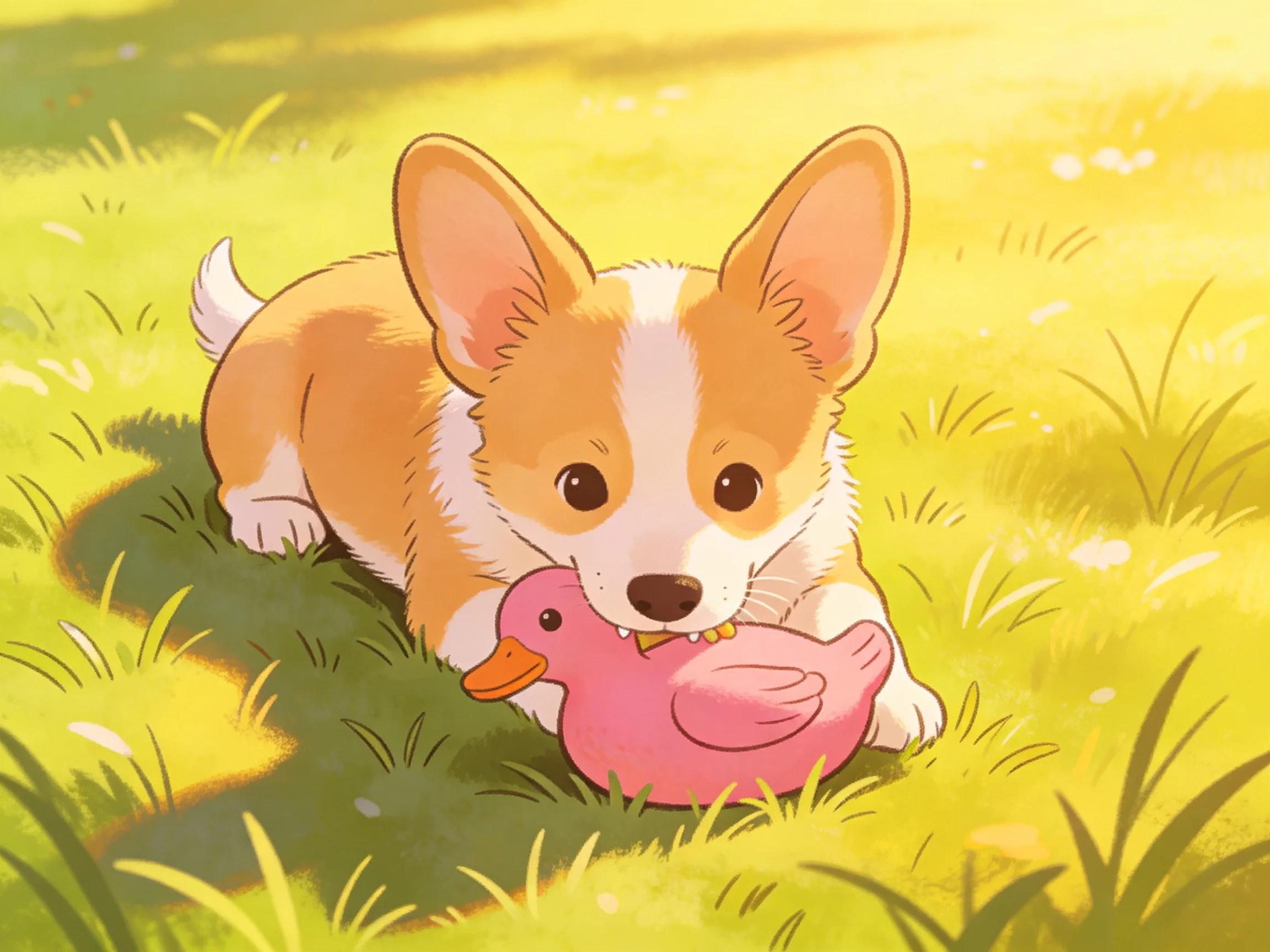 A corgi puppy plays with a pink rubber duck on sunlit grass