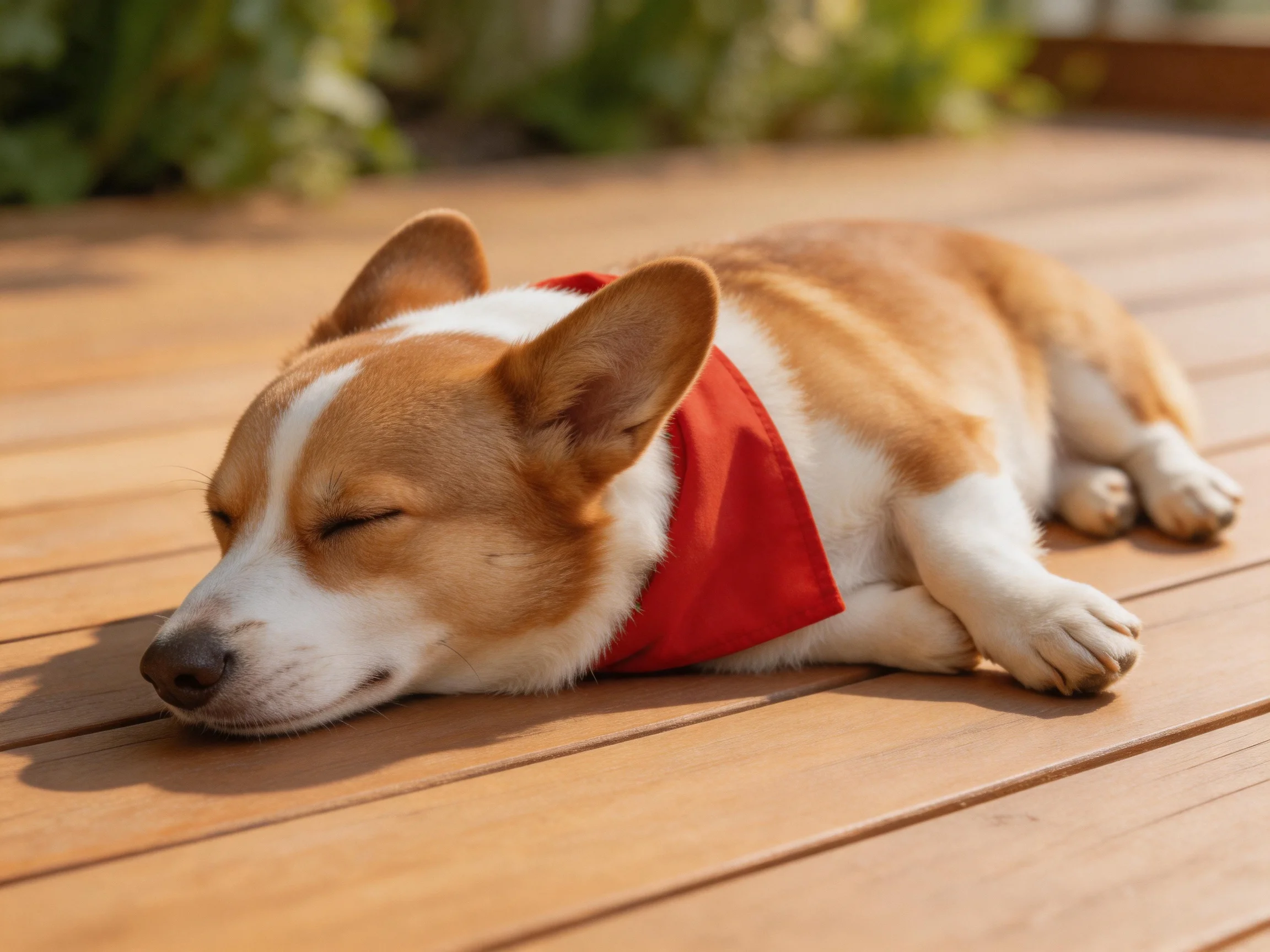 A corgi puppy rests on a wooden deck wearing a red bandana.