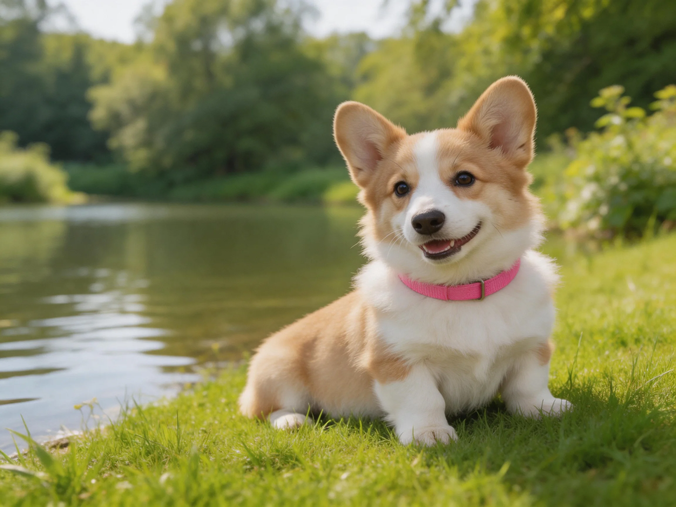 A corgi puppy with a pink collar sits by a calm riverbank